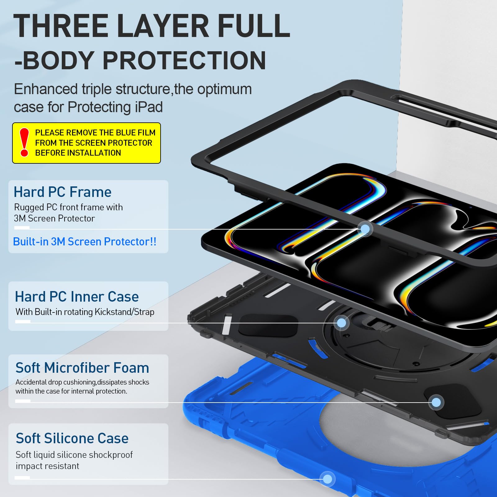 Supfives Case For Ipad Pro 11 Inch 2024 (5Th Gen), With Screen Protector/Shoulder Strap/Pencil Holder/Handle/Rotating Stand, Blu