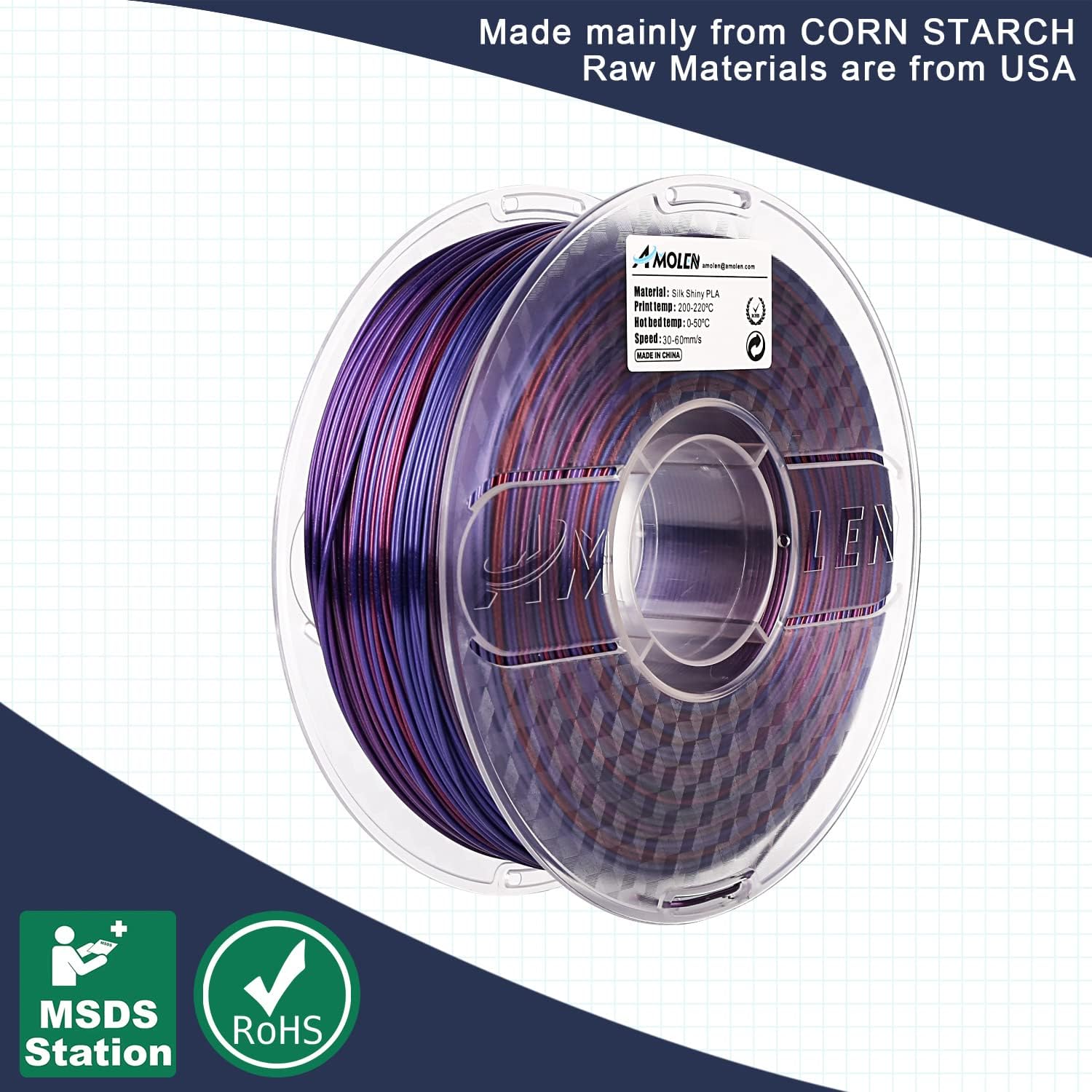 Amolen Pla 3D Printer Filament, Pla Filament 1.75Mm Silk Blue Purple Shiny Red Filament, 3D Printing Filament 1Kg/2.2Lb