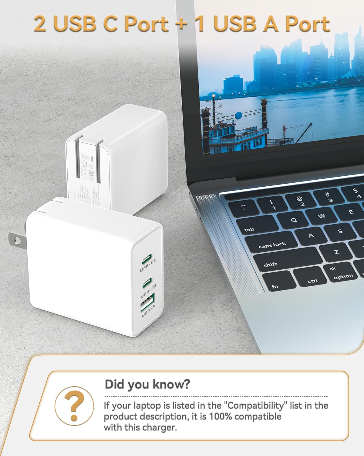 Usb C Charger 65W Gan Fast Charging, Pps 3 Port Fast Compact Foldable Usb C Wall Charger For Macbook Pro/Air, Ipad Pro, Galaxy S