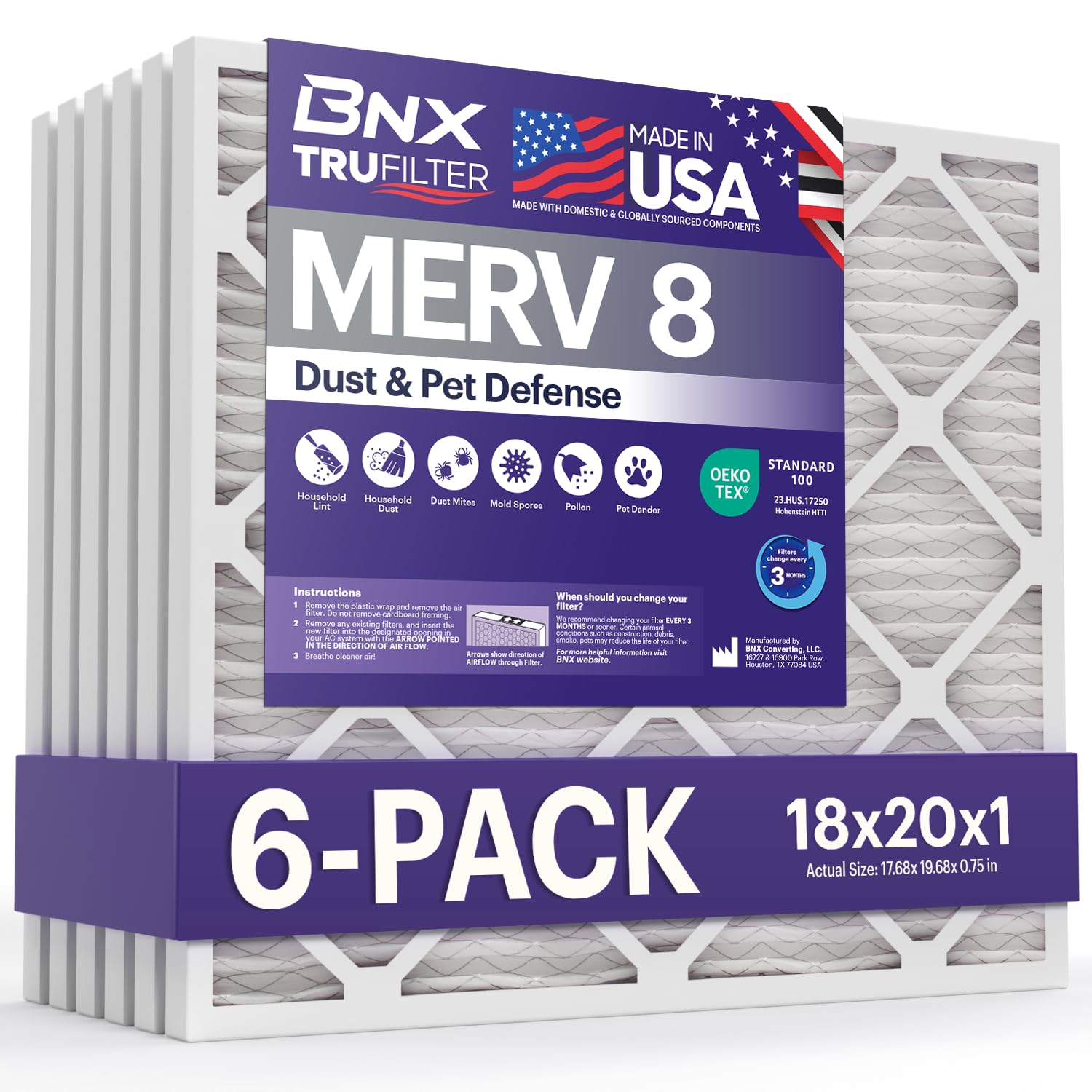 BNX TruFilter 18x20x1 Air Filter MERV 8 (6-Pack) - MADE IN USA - Dust & Pet Defense Electrostatic Pleated Air Conditioner HVAC A