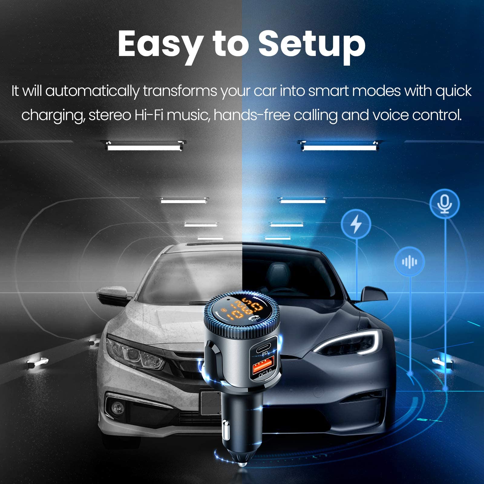 Bluetooth 5.1 Fm Transmitter For Car, Wireless Bluetooth Car Adapter With 36W Qc 3.0 + Pd 3.0 Usb C Fast Charger, Car Radio Tran