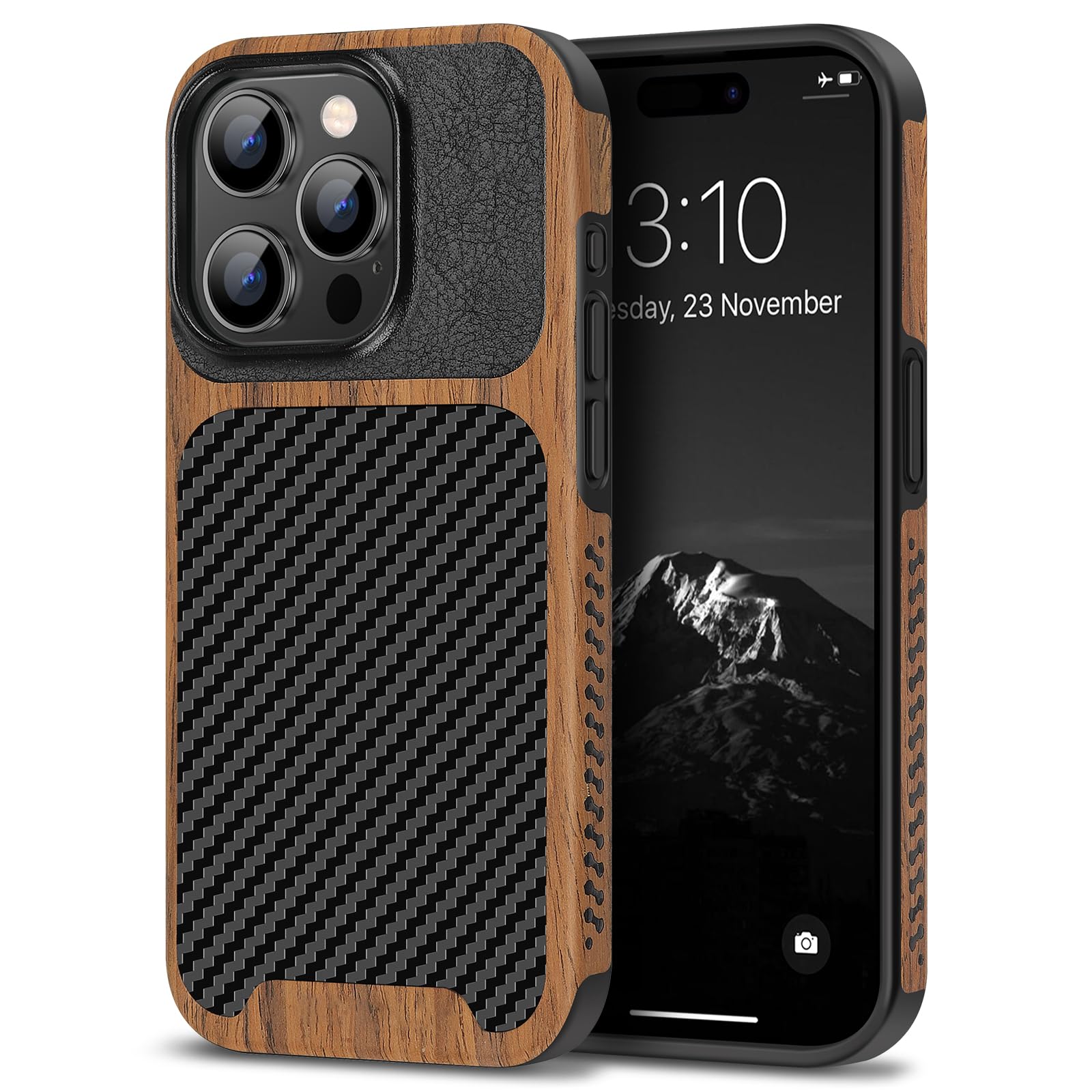 Tendlin Compatible With Iphone 15 Pro Case Wood Grain With Carbon Fiber Texture Design Leather Hybrid Slim Case (Black)