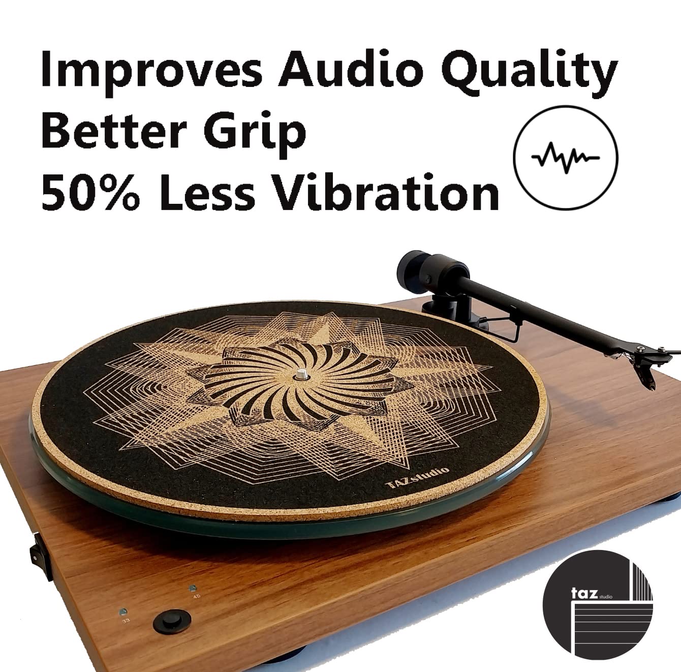 TAZstudio Cork Turntable Mat - 3mm Thickness, Original Geometric Design for Vinyl LP Record Player, 11.6" Size