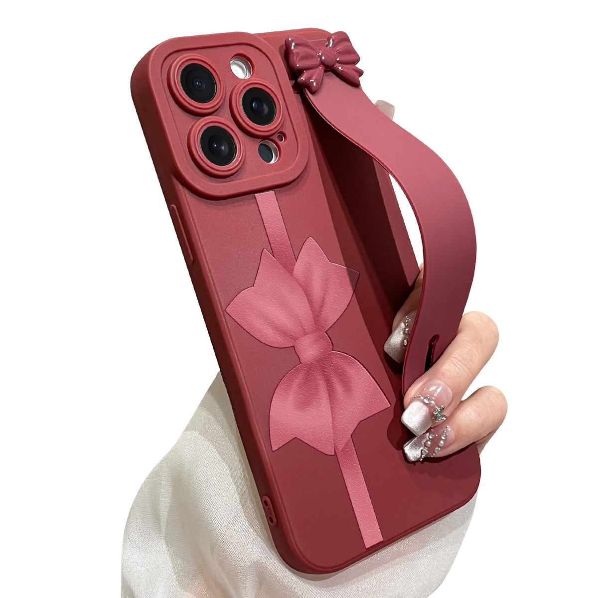 Jueaes For Iphone 15 Pro Max Case With Wrist Strap Elegant Bow Ribbon Design With Adjustable Wristband Kickstand Shockproof Soft