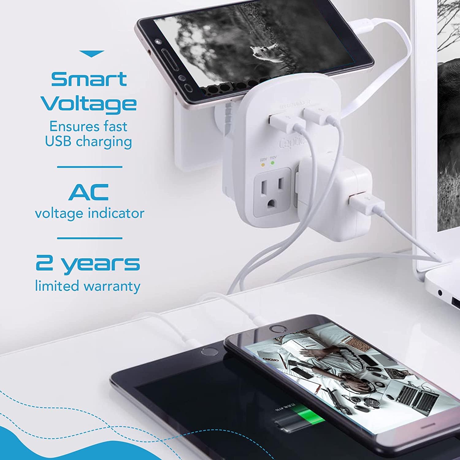 Ceptics Safest Travel Adapter Kit, Dual Usb For Iphone, Chargers, Cell Phones, Laptop Perfect For Travelers   3.6A With Qc. 3.0 Charge Faster