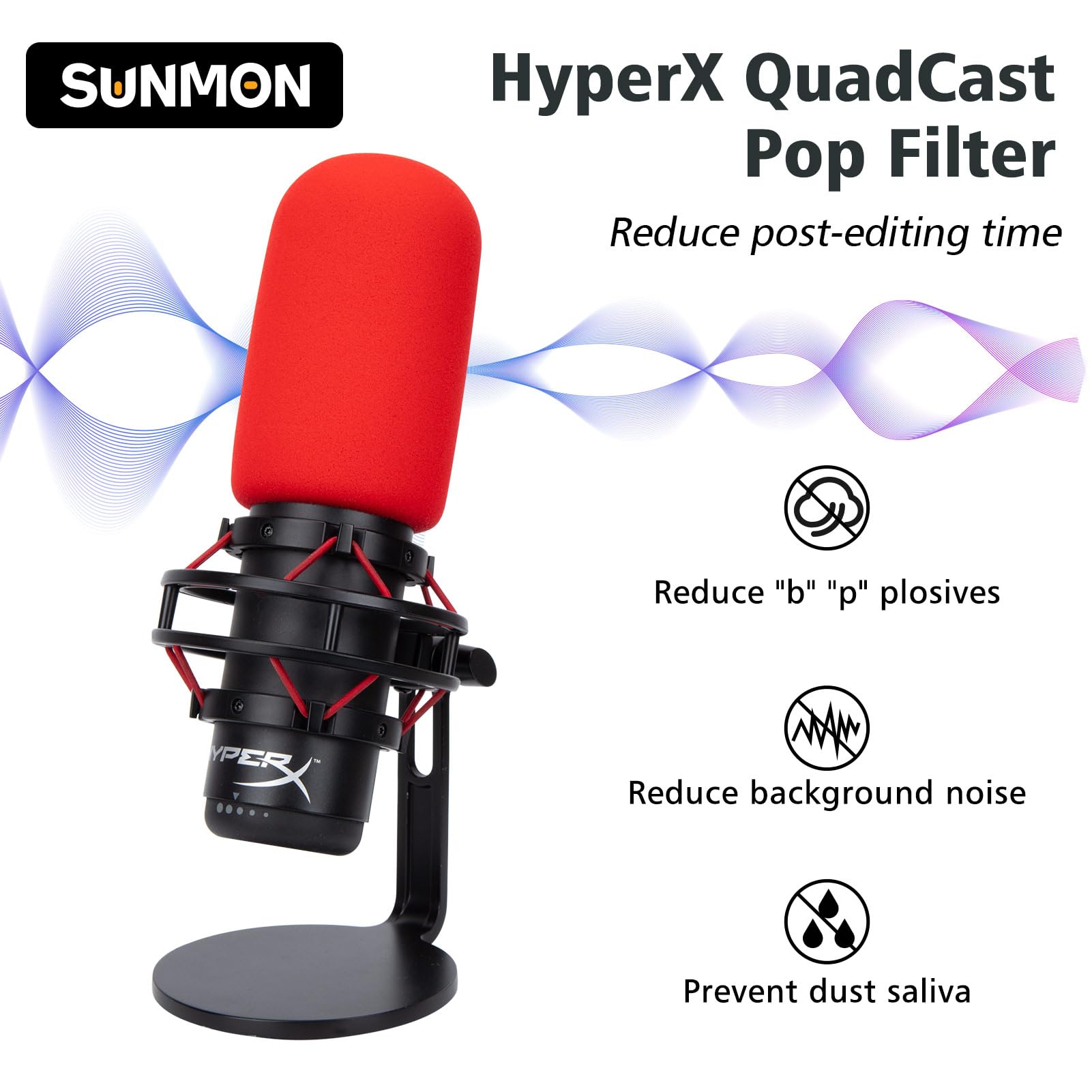 Sunmon Red Pop Filter For Hyperx Quadcast   Microphone Cover Foam Noise Reduction, Hyper X Pop Filter Improved Sound Quality, Mi