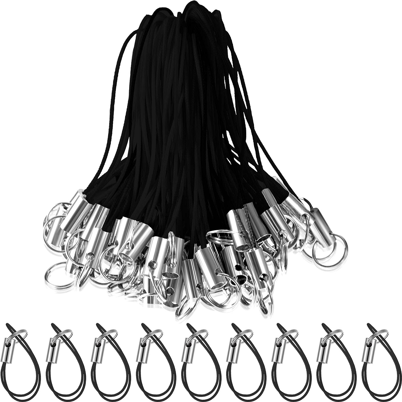 Frienda 200 Pcs Cell Phone Charm Straps USB Drive Lanyard Phone Ring Strap for Charm USB Drive Keychain DIY(Black)