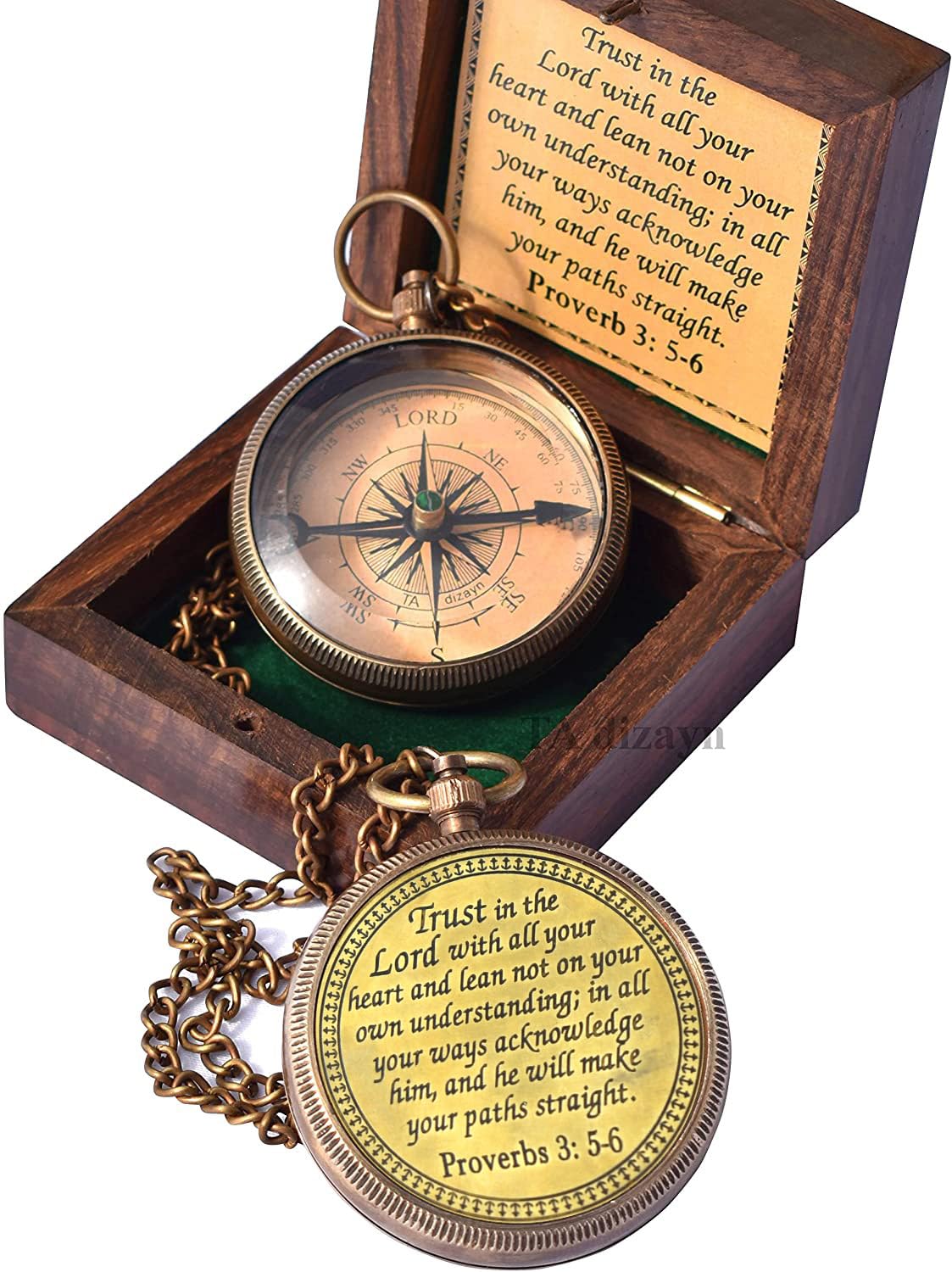 Trust In The Lord With All Your Heart -Proverbs 3: 5-6 Quote Engraved Compass With Wooden Box, Greeting Card, Gift Compass, Grad