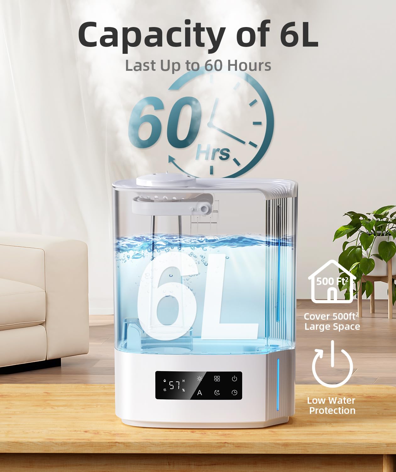 Breezome 6L Humidifiers For Bedroom Large Room & Essential Oil Diffuser, Ultrasonic Top Fill Cool Mist Humidifiers For Baby, Pla