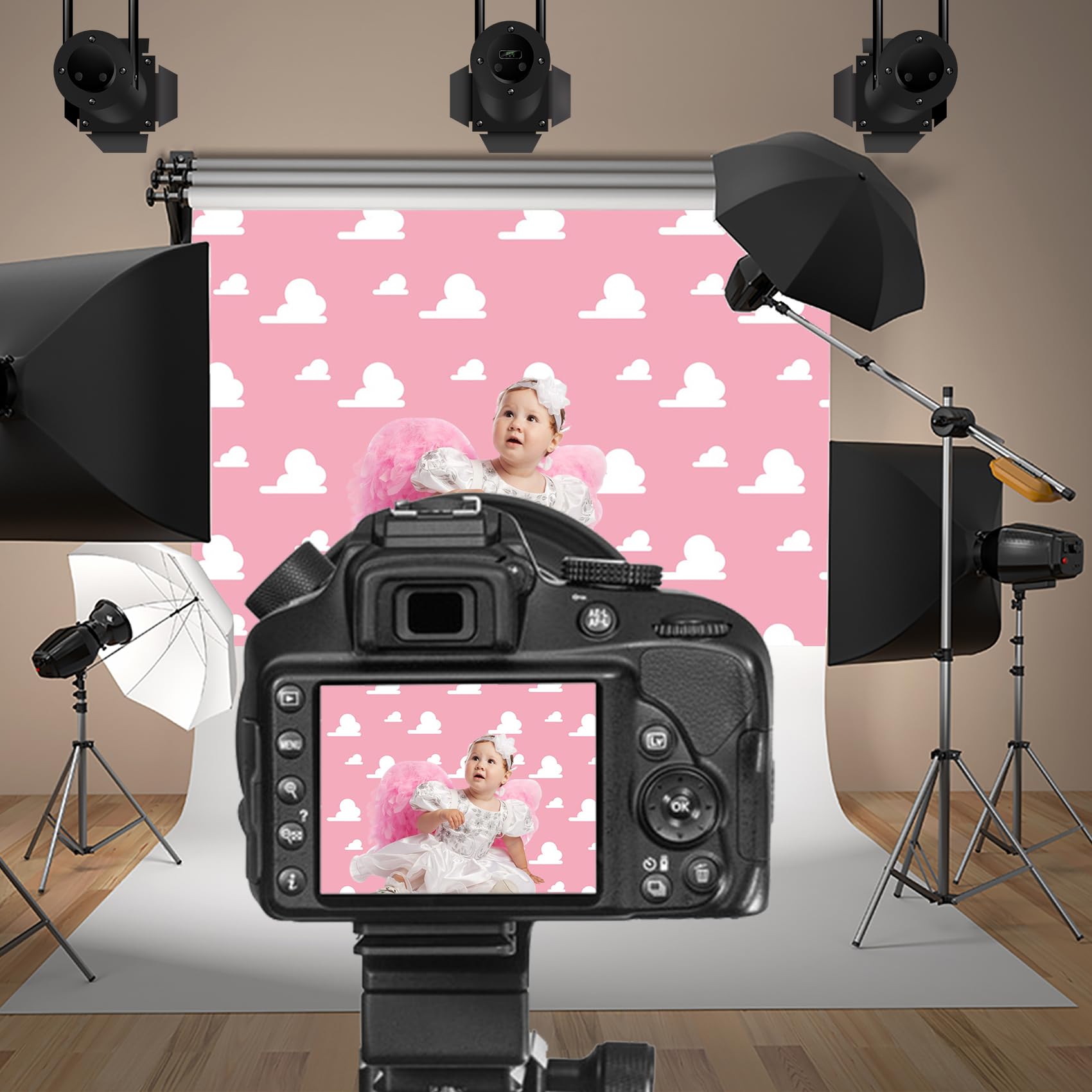 Baocicco 7X5Ft Cartoon Baby Shower White Clouds Pink Backdrop Photography Background Birthday Party Baby Kids Boys Photo Portrai