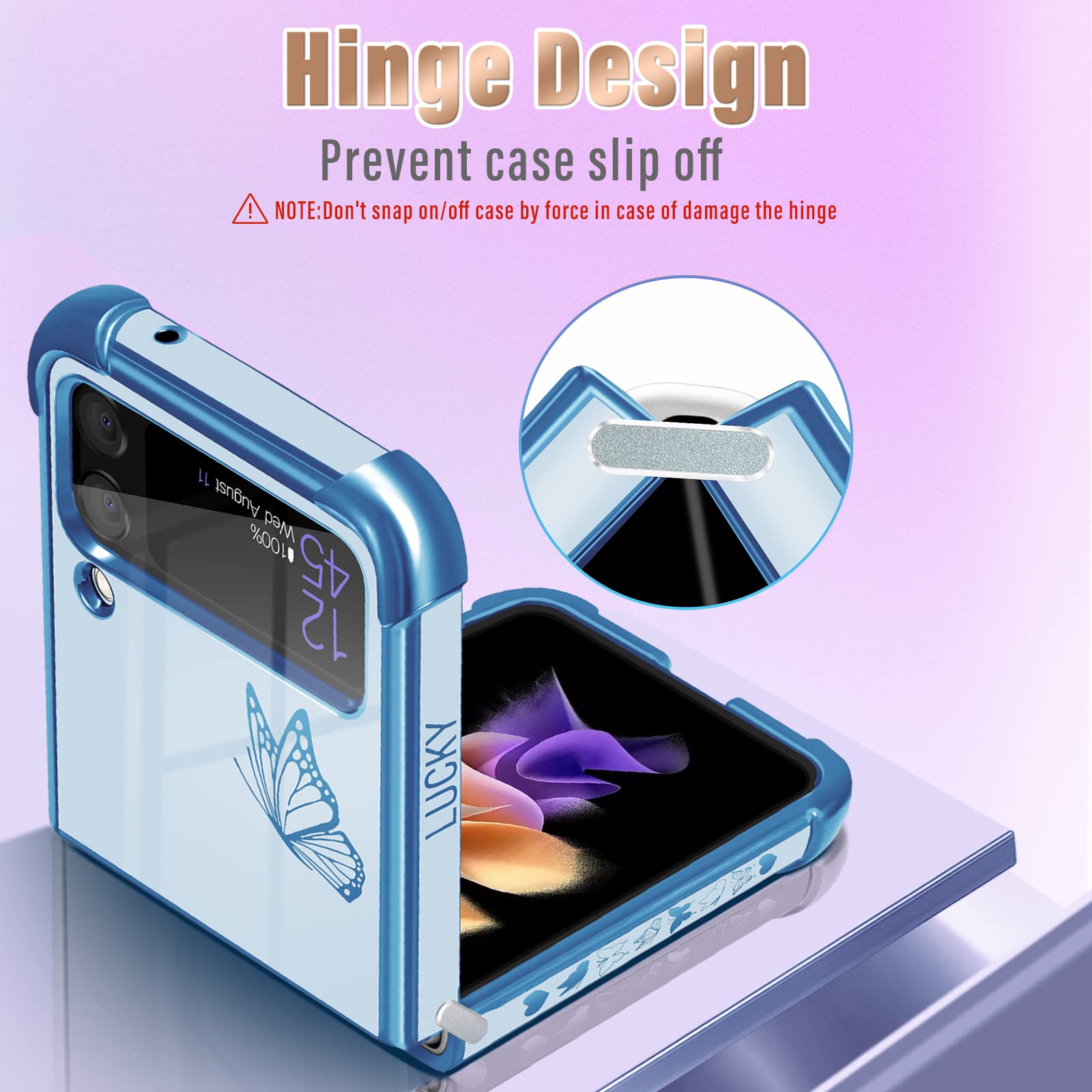 Goocrux For Samsung Galaxy Z Flip 3 Case Butterfly For Women Girls Girly Pretty Phone Cases Cute Blue Butterflies Pattern Platin