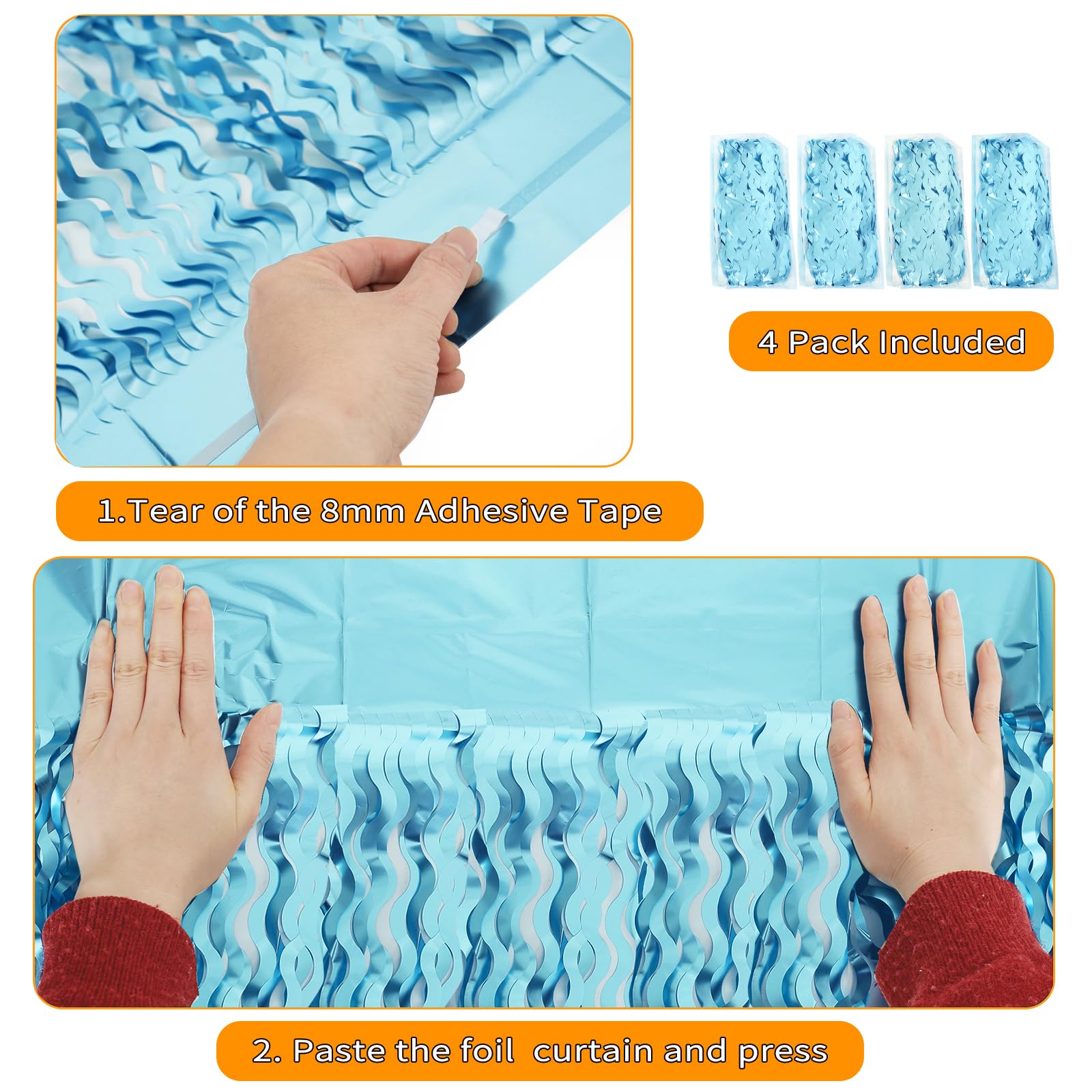 4 Pack Wavy Blue Foil Fringe Curtain 3.3X6.6 Feet | Blue Streamers Tinsel Backdrop For Under The Sea Party Decorations | Ocean B