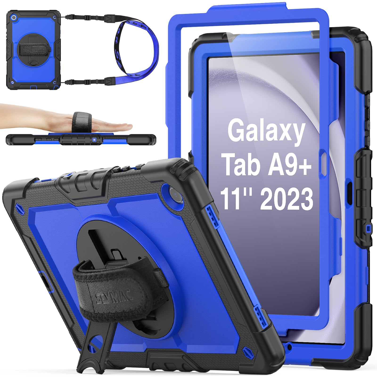 Seymac Stock 360 Hand Strap Shockproof Case For Samsung Galaxy Tab A9 Plus 11 Inch, Blue+Black