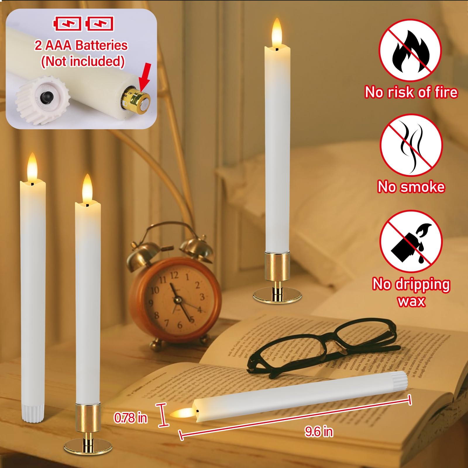 Hinzer 6 Pcs Flameless Taper Candles With Remote & Timer 9.6 Inch Real Wax Battery Operated Led Warm 3D Wick Flickering Window C