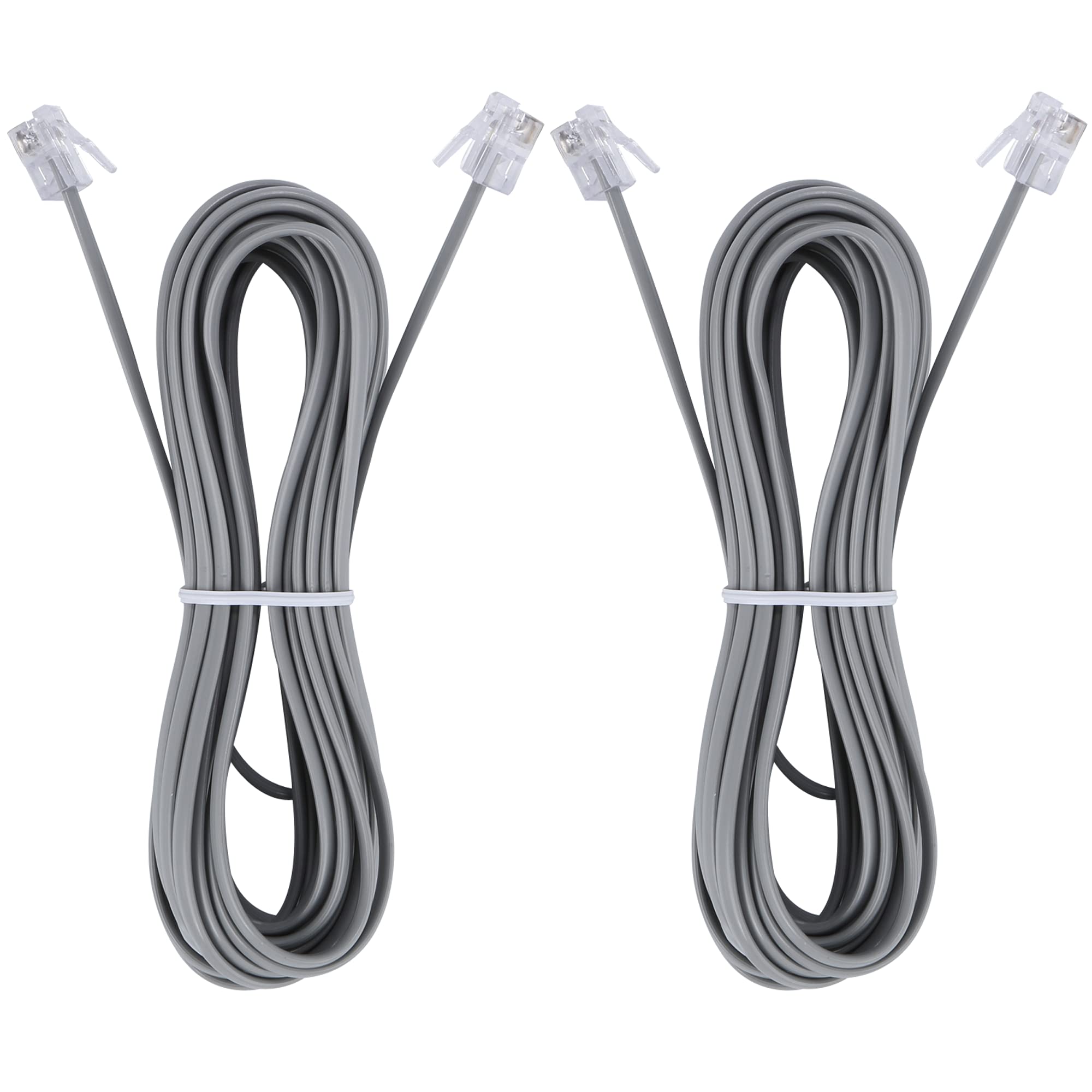 Lansensu 15 Feet Telephone Landline Extension Cord Cable Cord With Standard Rj 11 6P4C Plug (Silver 15 Ft, 2Pack)