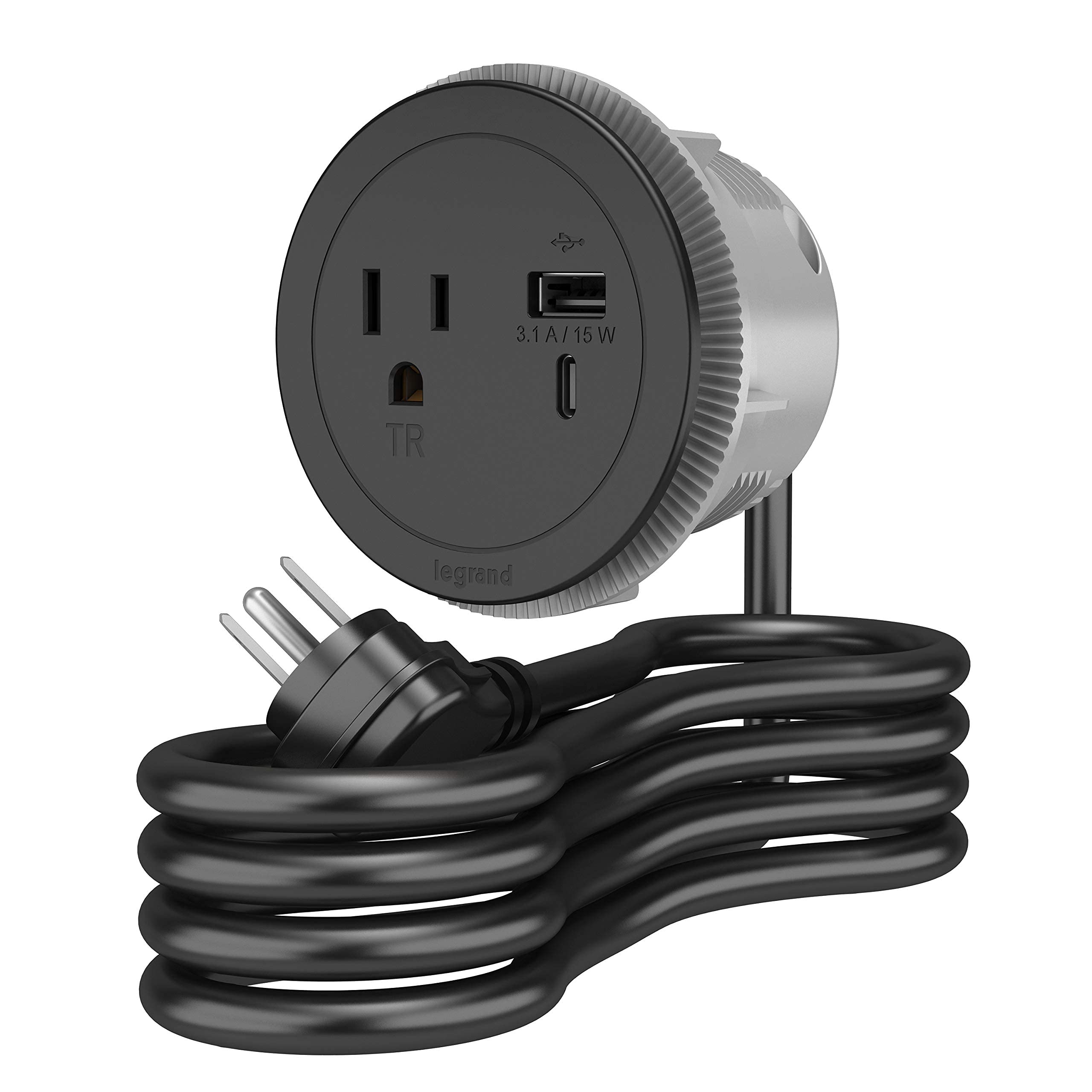 Legrand Wiremold Rfpcruauc Bk Round Furniture Power Center With Usb, 1 Outlet, Type A/C Usb, 6 Foot Cord, Black