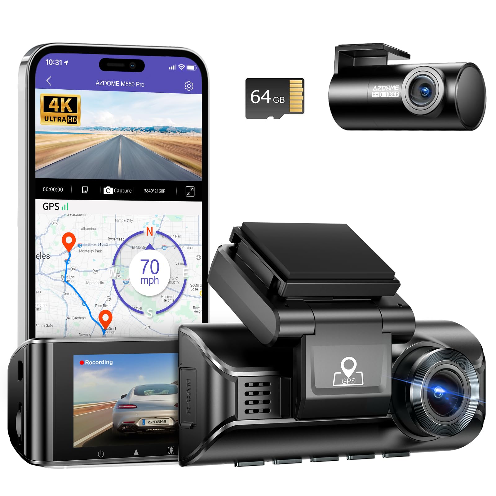 Azdome M550 Pro 4K Dash Cam Front And Rear, Free 64Gb Card, 5Ghz Wi Fi Gps Car Camera, 3.18'' Ips Screen Dashcam, App Control 15