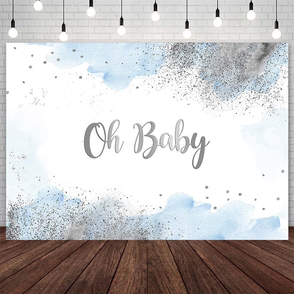 AIBIIN 7x5ft Oh Baby Backdrop for Boys Pastel Watercolor Baby Shower Photography Background Blue Clouds Silver Glitter Baby Show