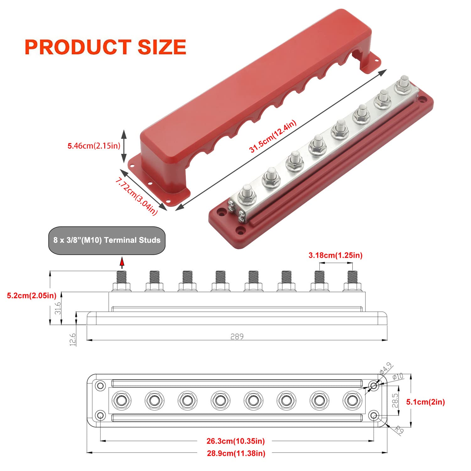 Gloaso 600A Copper Bus Bar Power Distribution Block Heavy Duty 8 X 3/8'' Posts Terminals Distributor Connecting Blocks 12V  48V