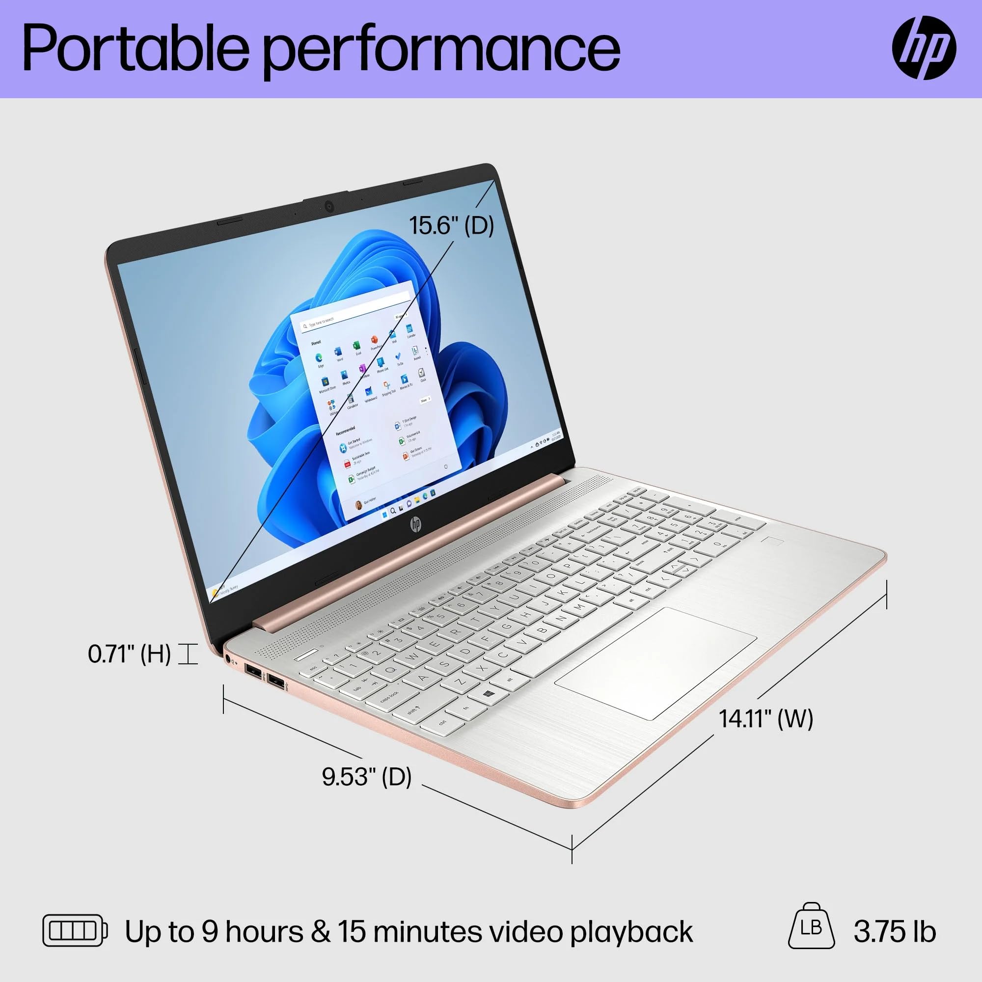 Hp 15.6'' Rose Gold Laptop With Wireless Mouse & Earbuds, 16Gb Ram, 1Tb Ssd, Amd Ryzen 3 Core, Fingerprint Reader, Long-Lasting