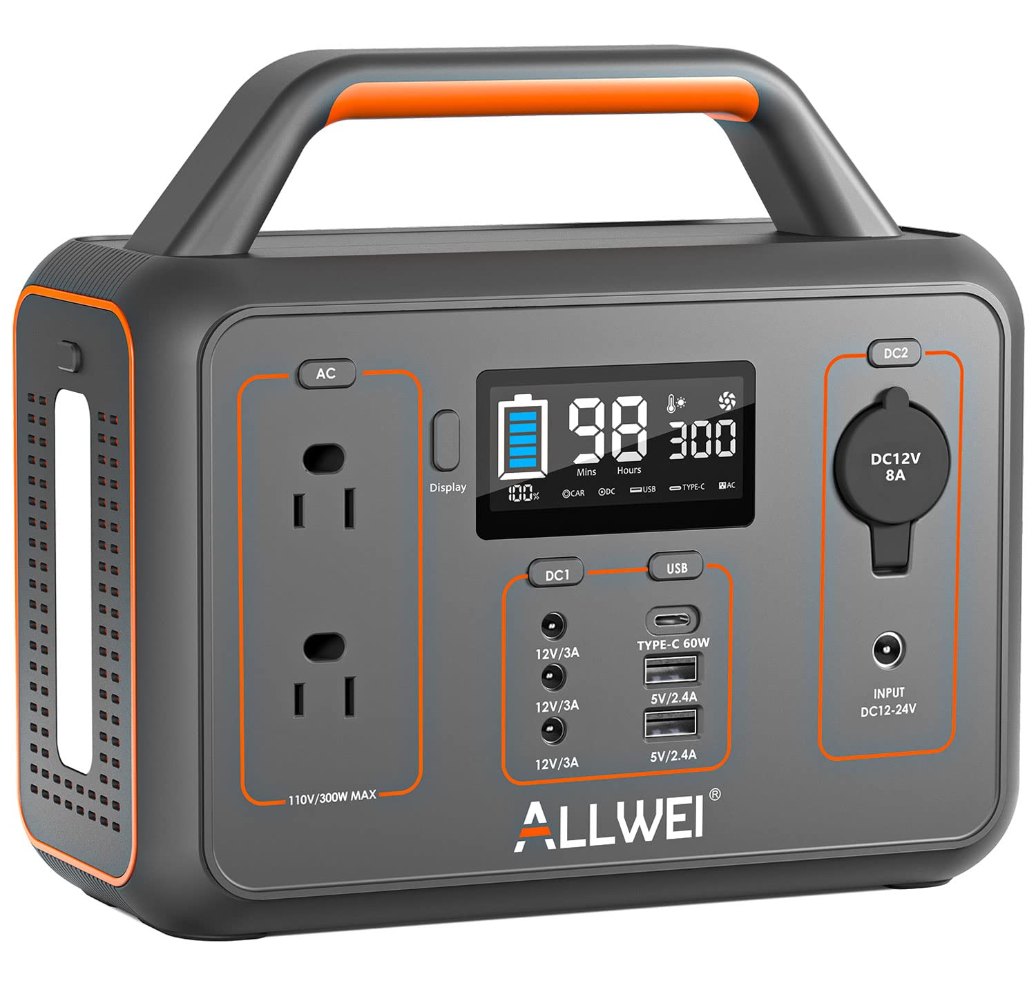 Allwei Portable Power Station 300W(Peak 600W), 280Wh Solar Generator With Usb C Pd60W, 110V Pure Sine Wave Ac Outlet, 78000Mah B