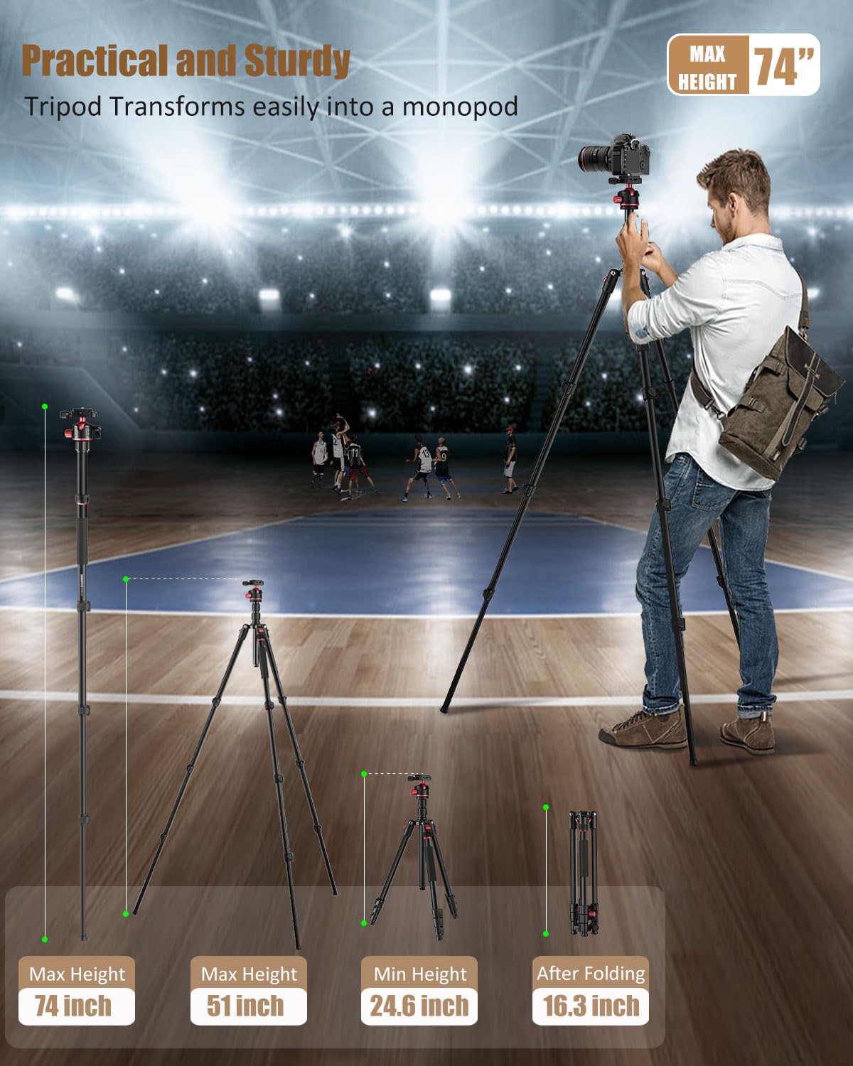 Cambofoto 74 Inch Professional Camera Photography Tripod, Ball Head Aluminum Dslr/Slr Tripod & Monopod With Carry Bag Compatible