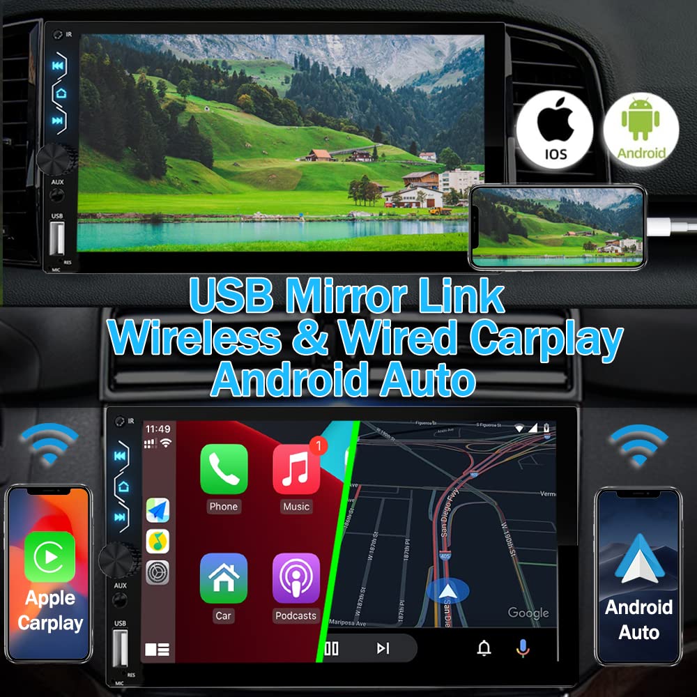 Double Din Car Stereo With Wireless Carplay,Wireless Android Auto,7 Inch Touch Screen Radio With Backup Camera,Bluetooth Car Aud