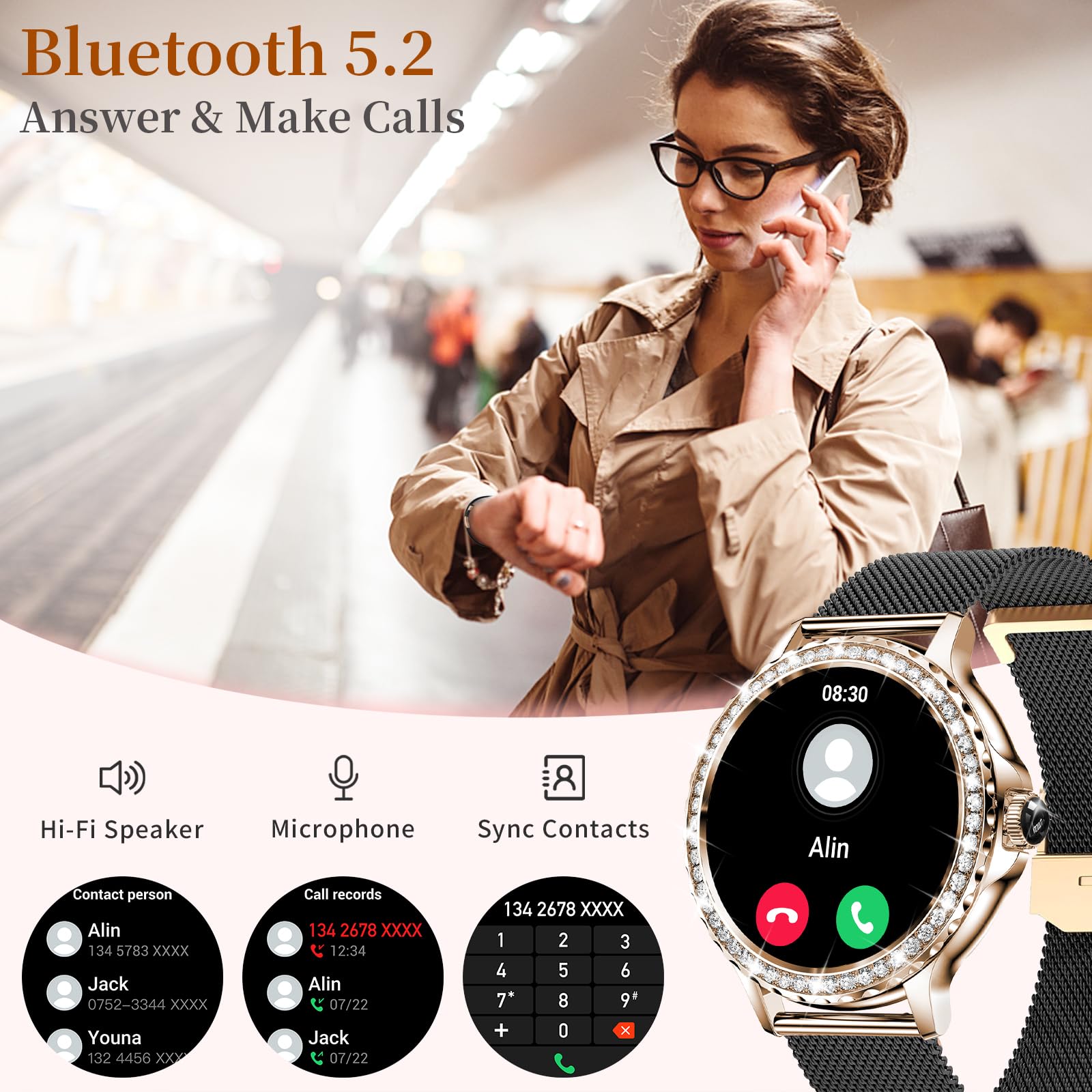 Smart Watches For Women (Answer/Make Calls), 1.3    Fitness Tracker Watch With Heart Rate/Blood Pressure/Spo2/Sleep Monitor, Ip6