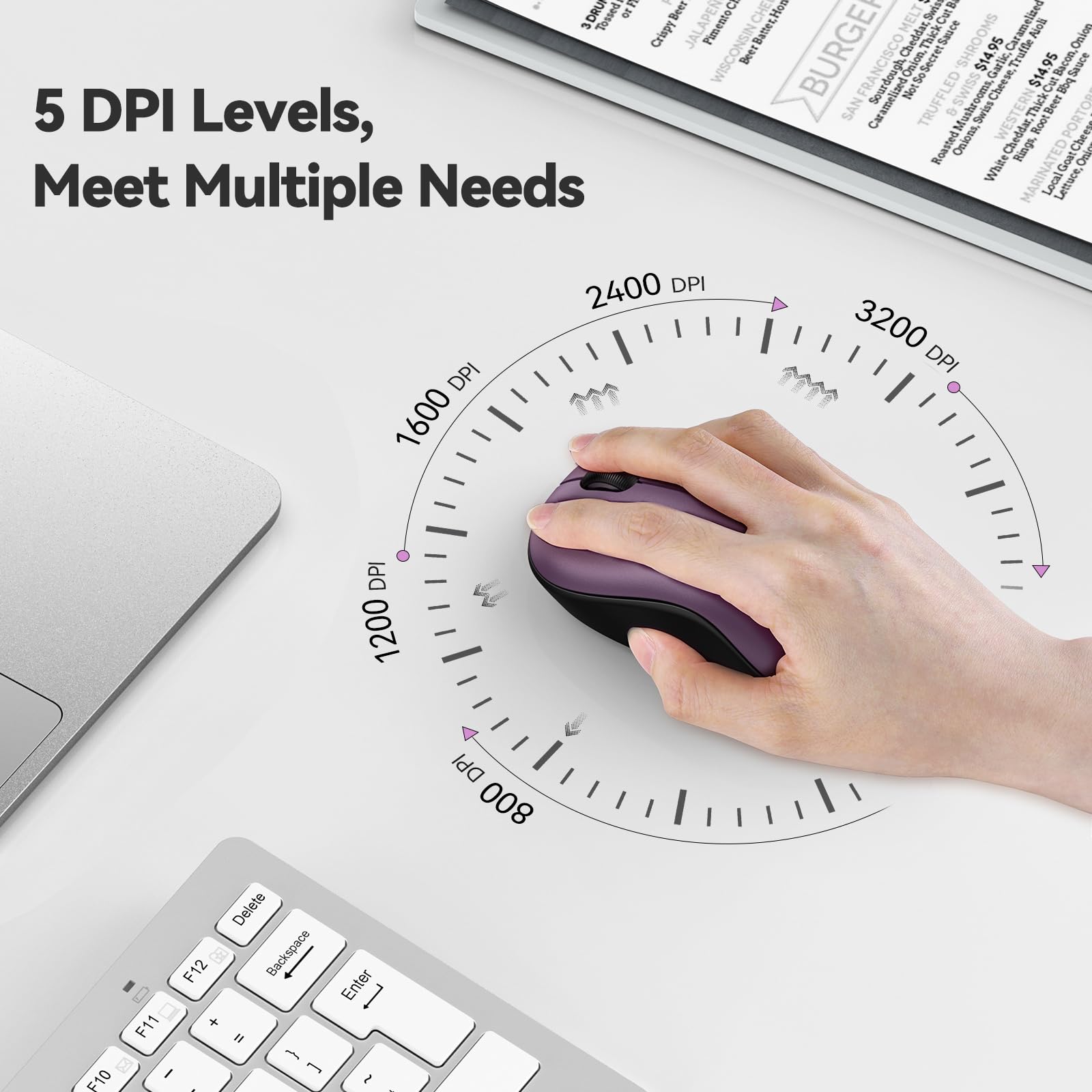 Tecknet Wireless Mouse For Laptop, 2.4G Silent Mouse Quiet Click, Small Portable Computer Mouse, 5 Dpi Levels, Cordless Mice For Pc, Chromebook, Mac   Purple
