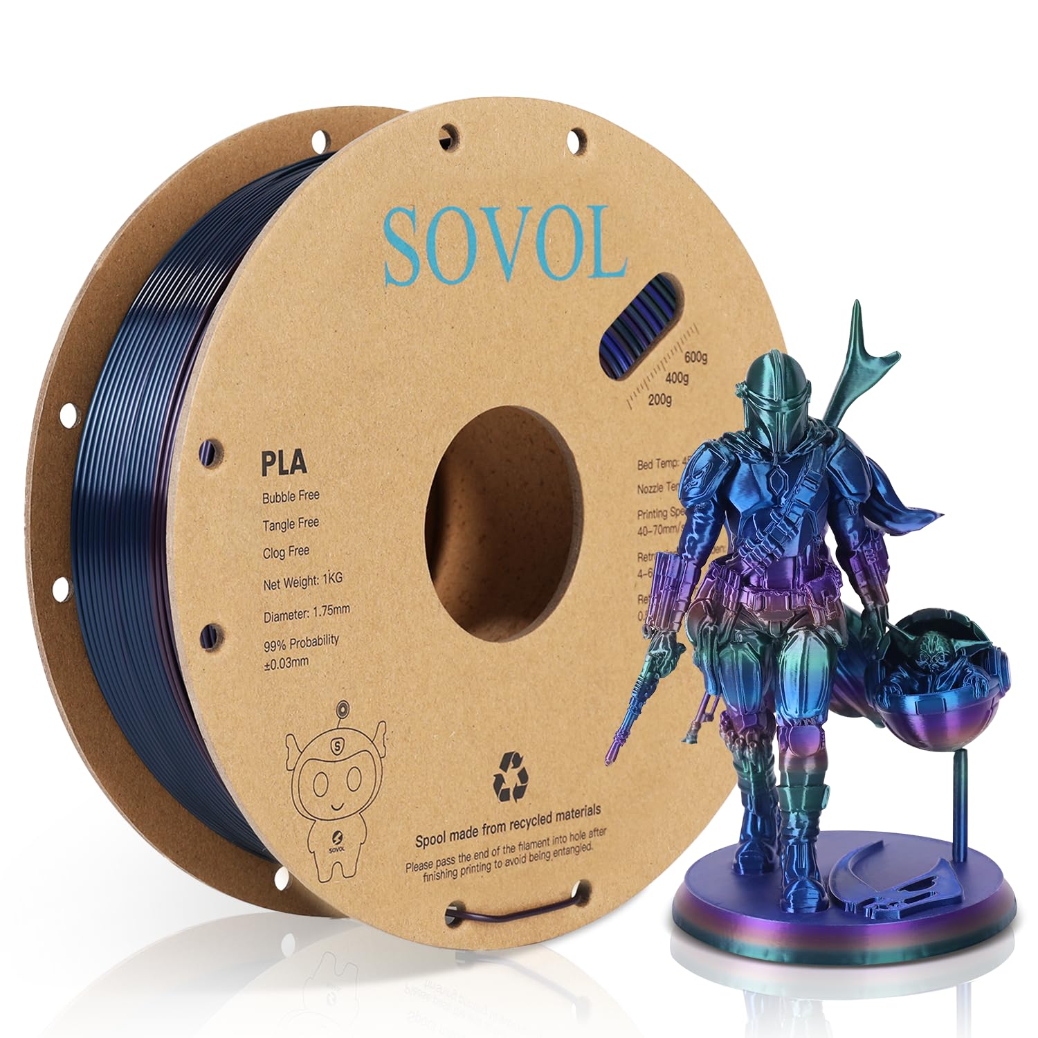 Sovol 3D Printer Silk Shiny Multicolored Fast Change Rainbow Pla 1Kg (2.2 Lbs) Spool 3D Printing Materials, Dimensional Accuracy