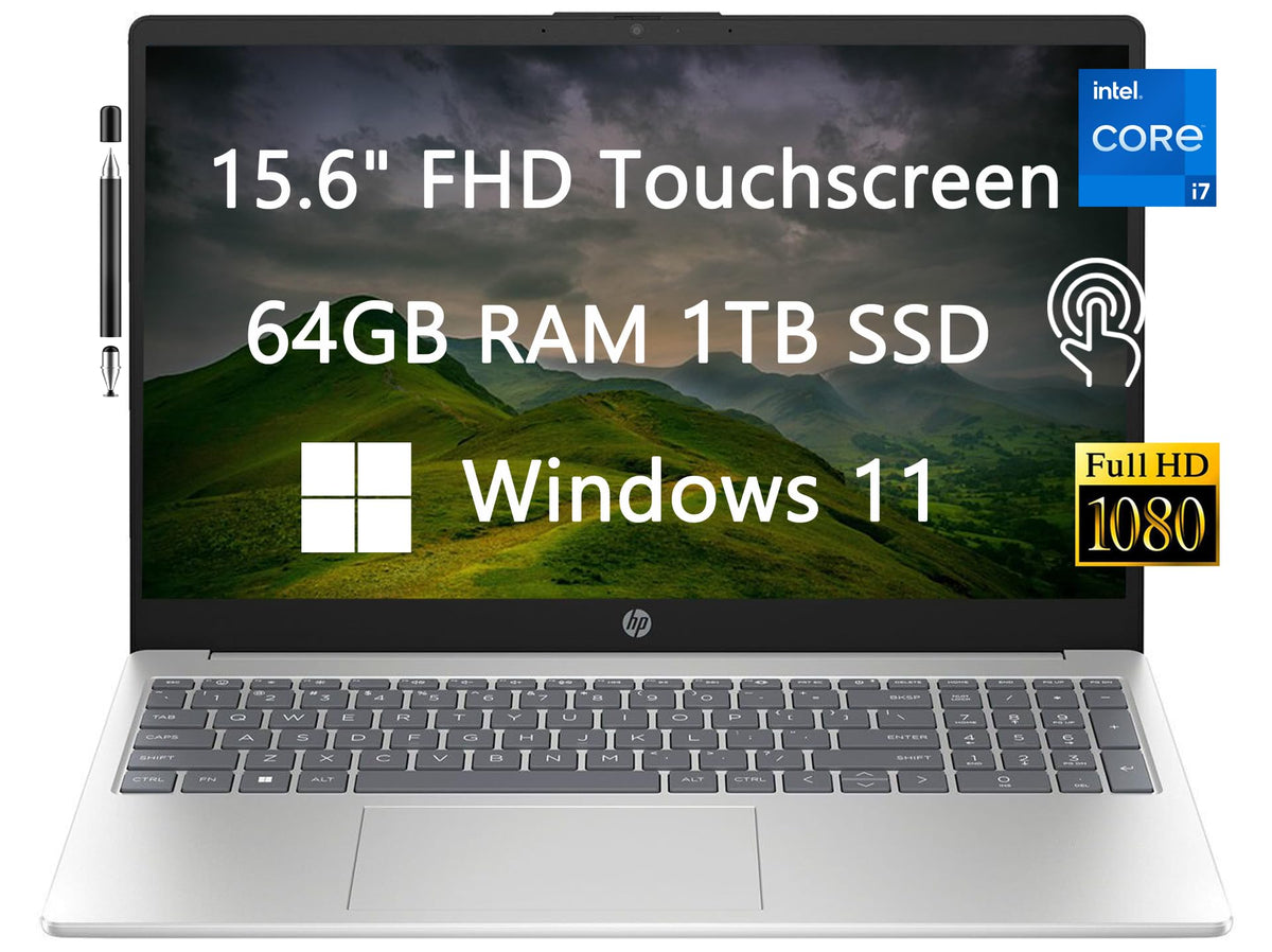 HP Touchscreen Laptop, 15.6' FHD Computer, Intel Core I7 1355U, Intel Iris Xe Graphics GPU, 64GB RAM, 1TB SSD, Webcam, Fast Charge, HDMI, Wi Fi, Windows 11 Home, Natural Silver, LIONEYE Stylus Pen