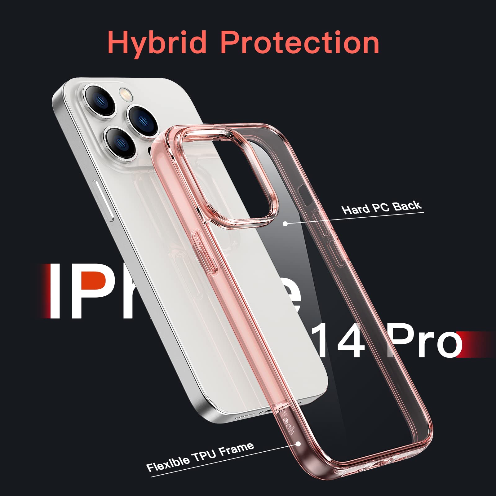 Jetech Case For Iphone 14 Pro 6.1 Inch, Non Yellowing Shockproof Phone Bumper Cover, Anti Scratch Clear Back (Rose Gold)