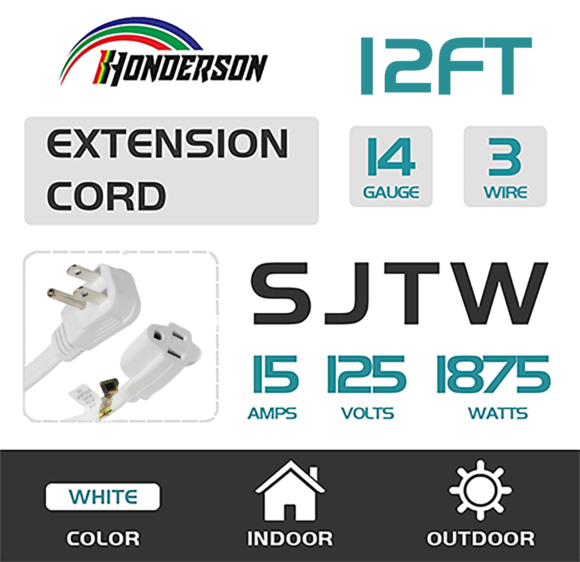 Honderson Flat Plug Extension Cord, Ul Listed, Indoor Extension Cord 14 Gauge 12Ft White, 14/3 Spt 3 15A 3 Prong Grounded Power