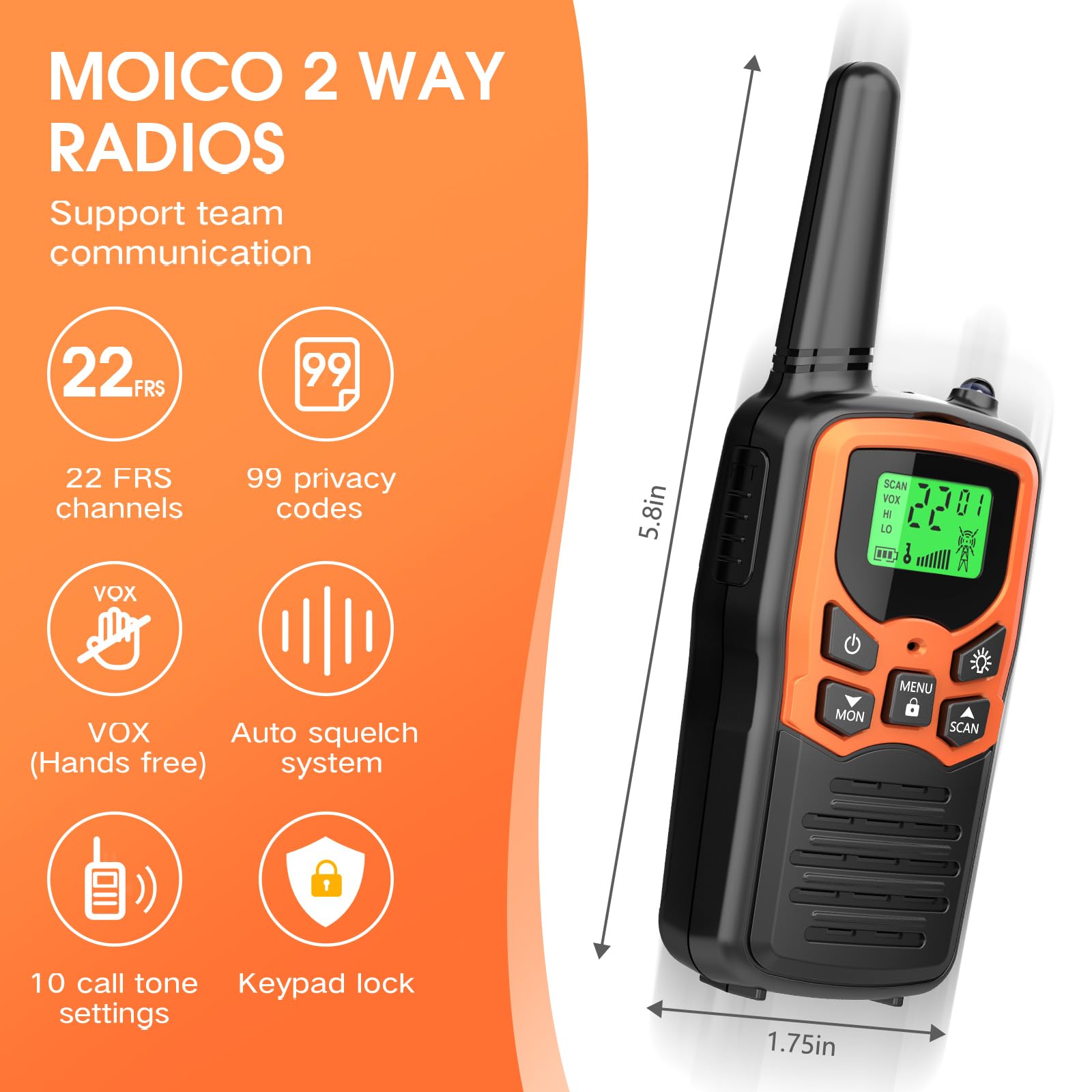 Walkie Talkies, Moico Long Range Walkie Talkies For Adults With 22 Frs Channels, Family Walkie Talkie With Led Flashlight Vox Lc