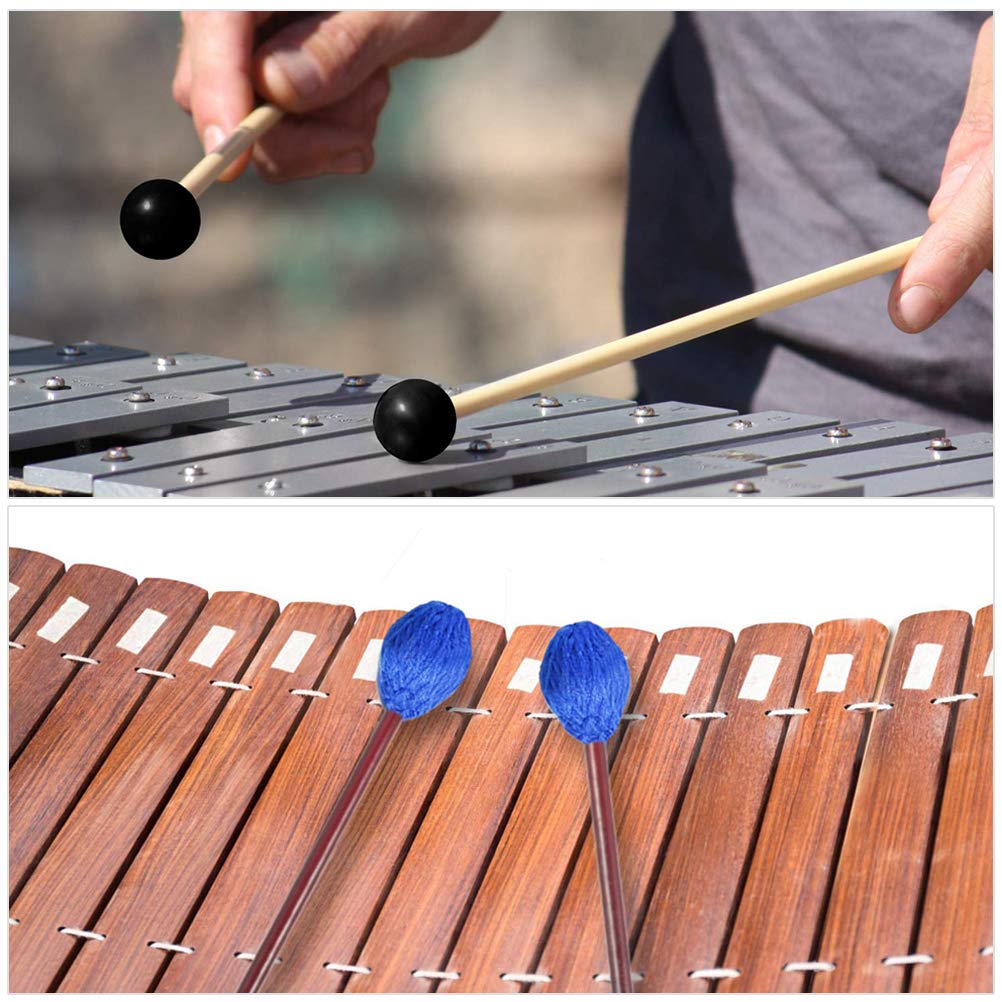 Vankcp Marimba Mallets, 1 Pair Medium Blue Hard Yarn Marimba Mallets And 1 Pair Rubber Mallets Sticks With Wood Handle For Percu
