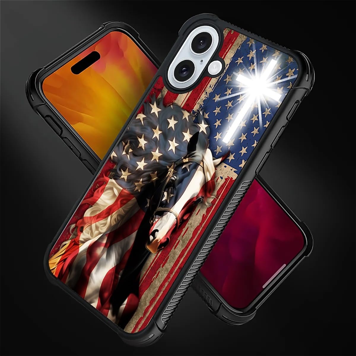 Fkbrcl4U For Iphone 16 Case, Red American Flag Horse Cross Pattern Graphic Design Girl Boy Soft Silicone Hard Acrylic Shock Prot