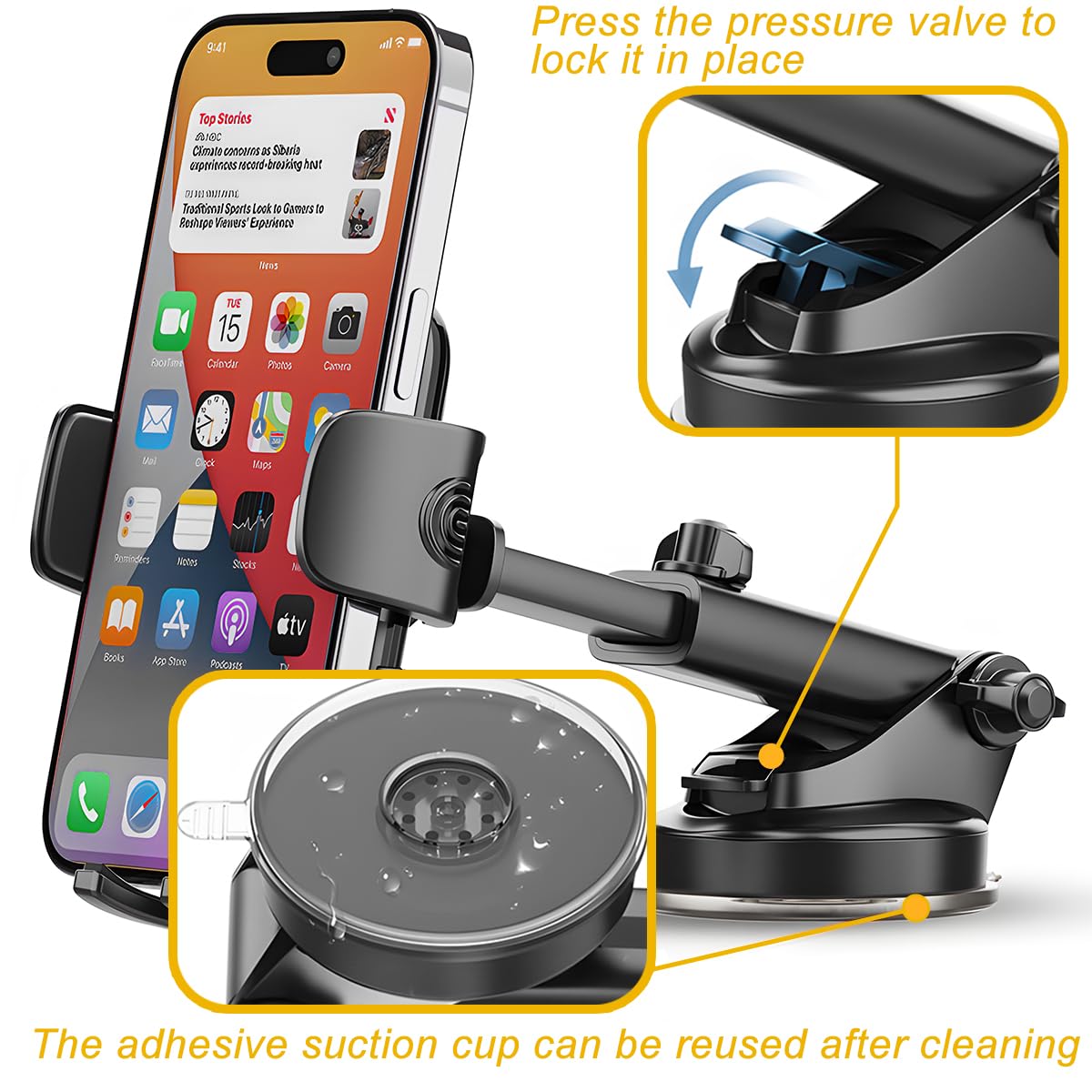 Sandfren Car Phone Holder, Strong Suction Cup Vehicle Dashboard Smartphones Mount, Stable Silicone Clamp Extendable Automotive C