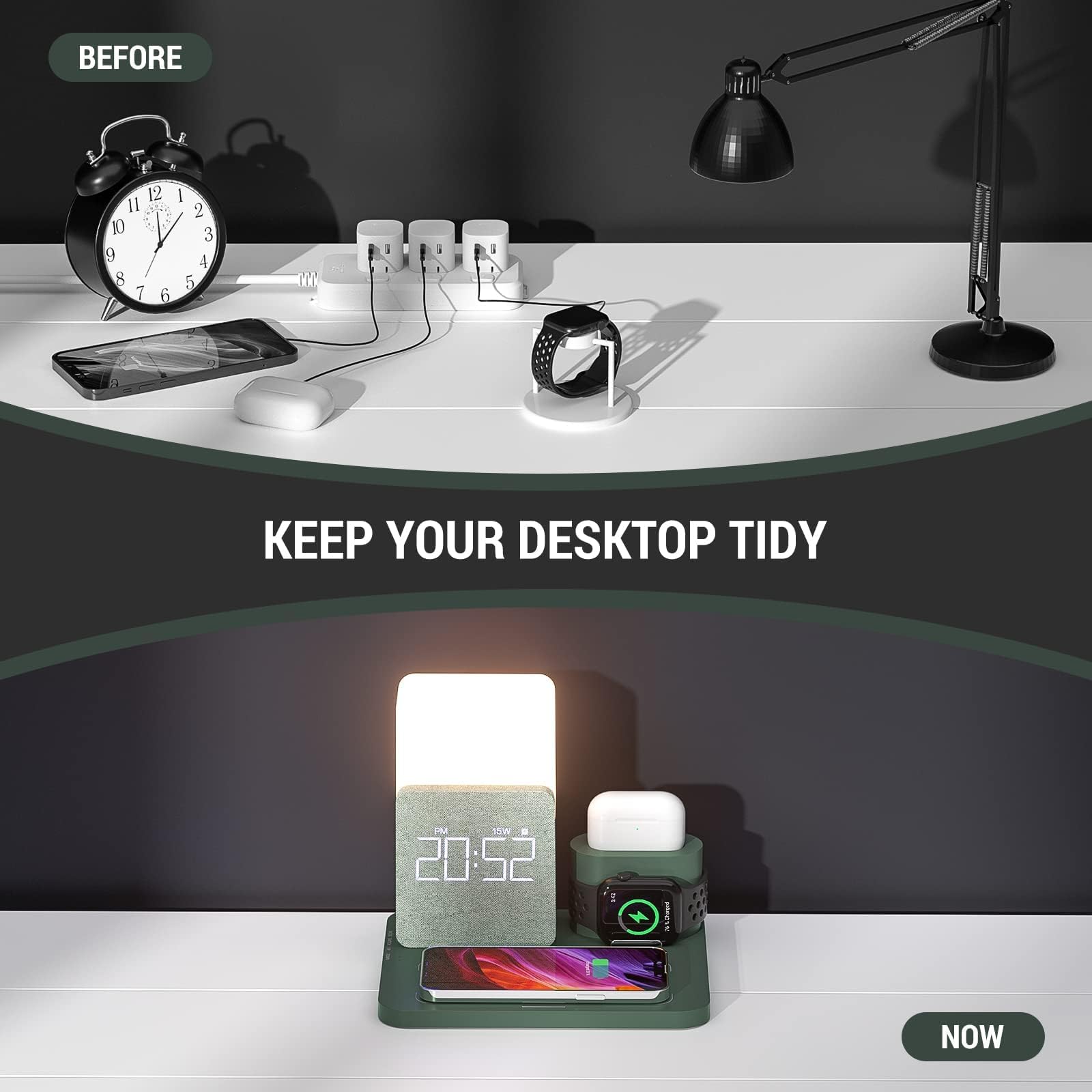 Wireless Charging Station, Iphone 3 In 1 Fast 15W Wireless Charger With Alarm Clock And Night Light, Charging Dock For Iphone 12