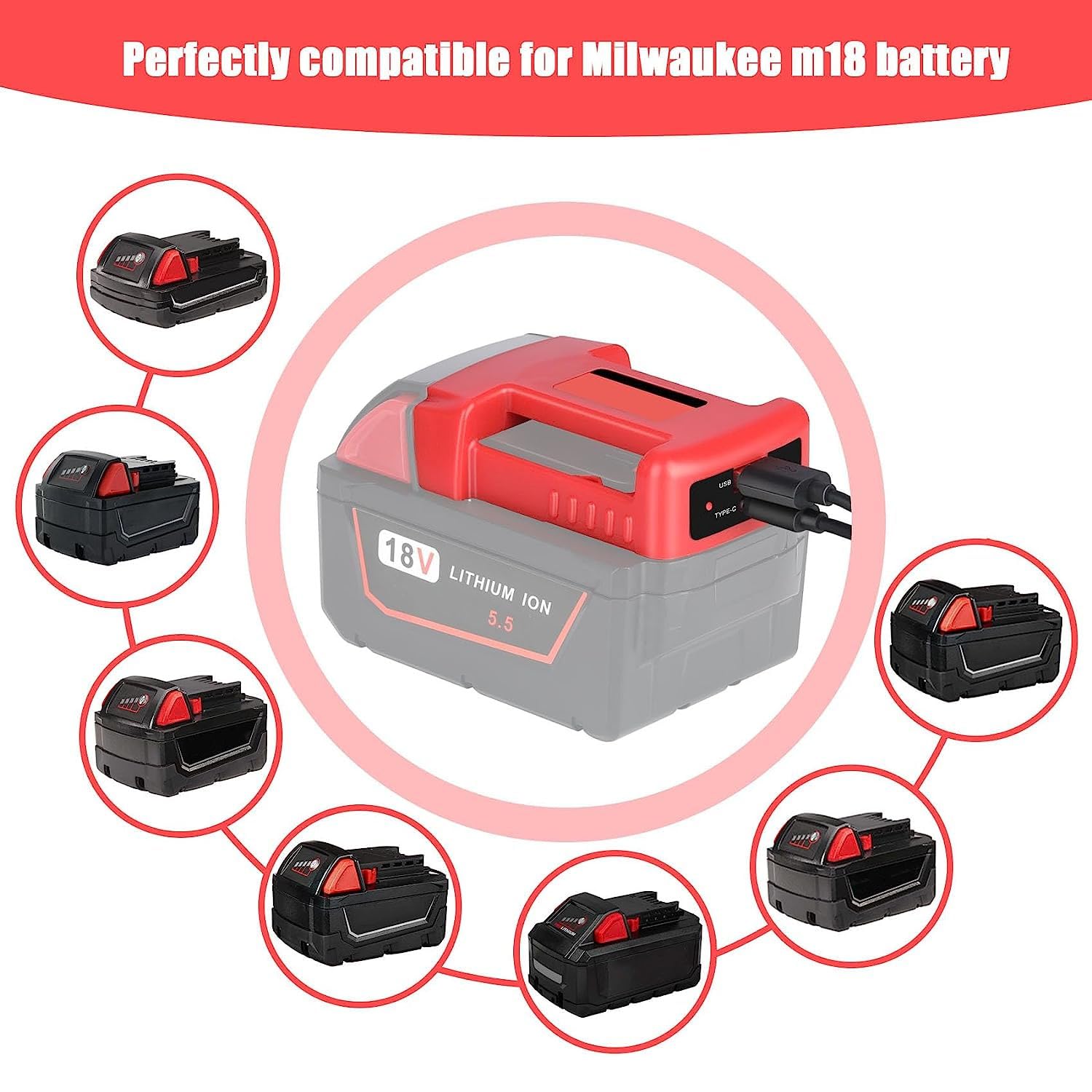 Kunlun 2 Pack Usb Charger Adapter Compatible For Milwaukee M18 18V Battery, Dual Output Port With Usb And Type C Charging Interf