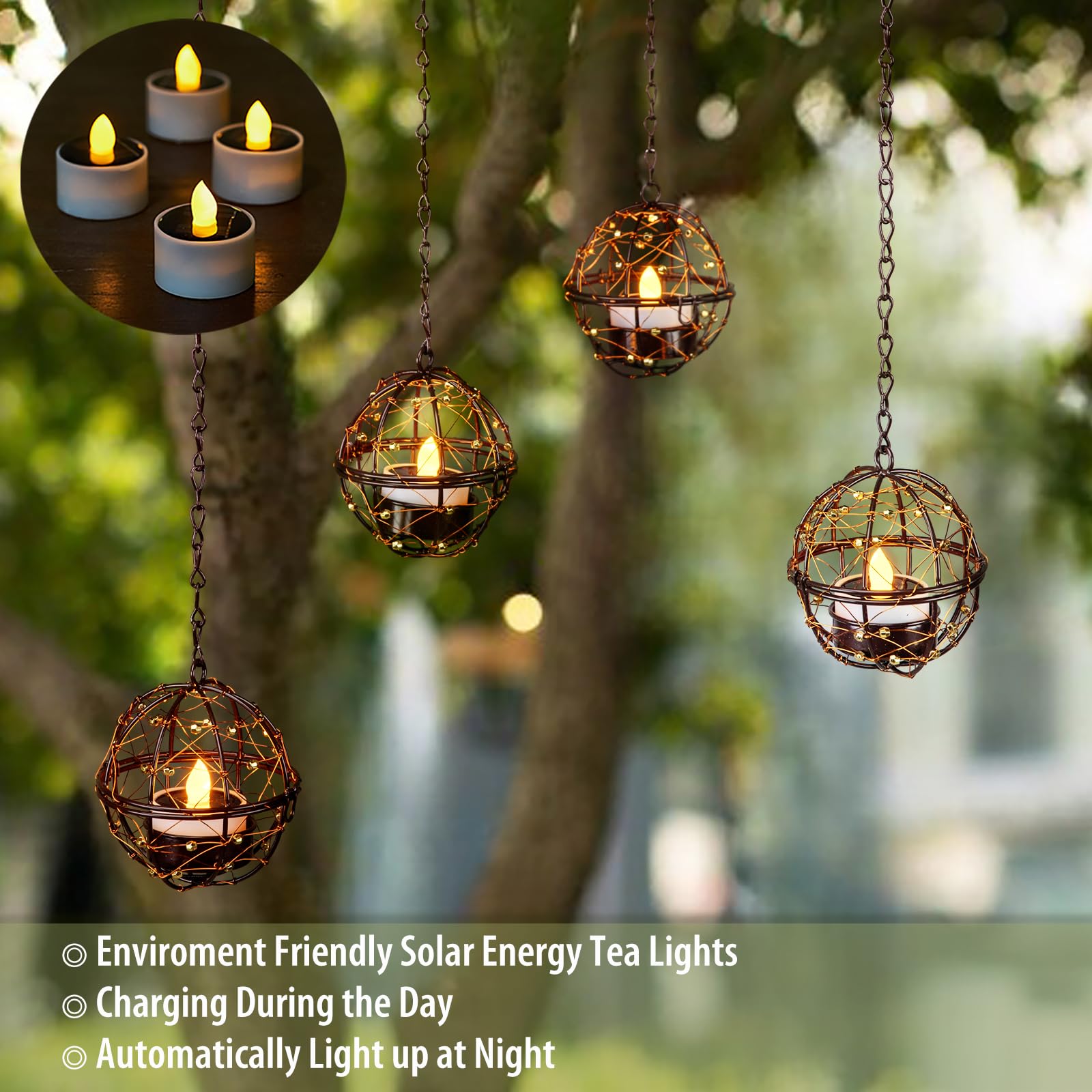 Outdoor Solar Hanging Lanterns Waterproof, Globe Hanging Candle Holder With Flickering Solar Powered Tea Lights, Chargeable Sola
