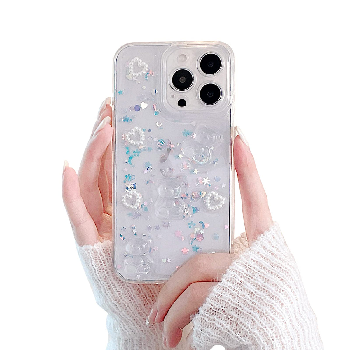 Fycyko Compatible With Iphone 13 Pro Max Case,Cute 3D Bear Glitter Bling Clear Pearl Love Heart Design For Iphone 13 Pro Max Cas
