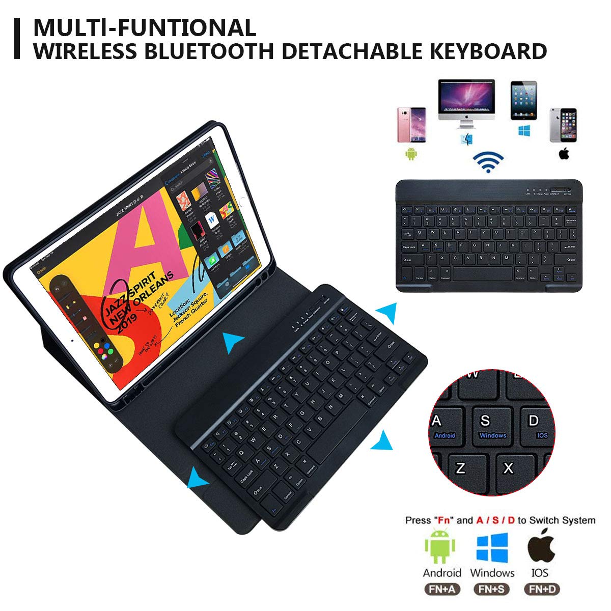 Mmk For Ipad Keyboard Case For 10.2'' 9Th/8Th/7Th Generation 2021/2020/2019, Detachable Wireless Bt Keyboard With Magnetic Prote