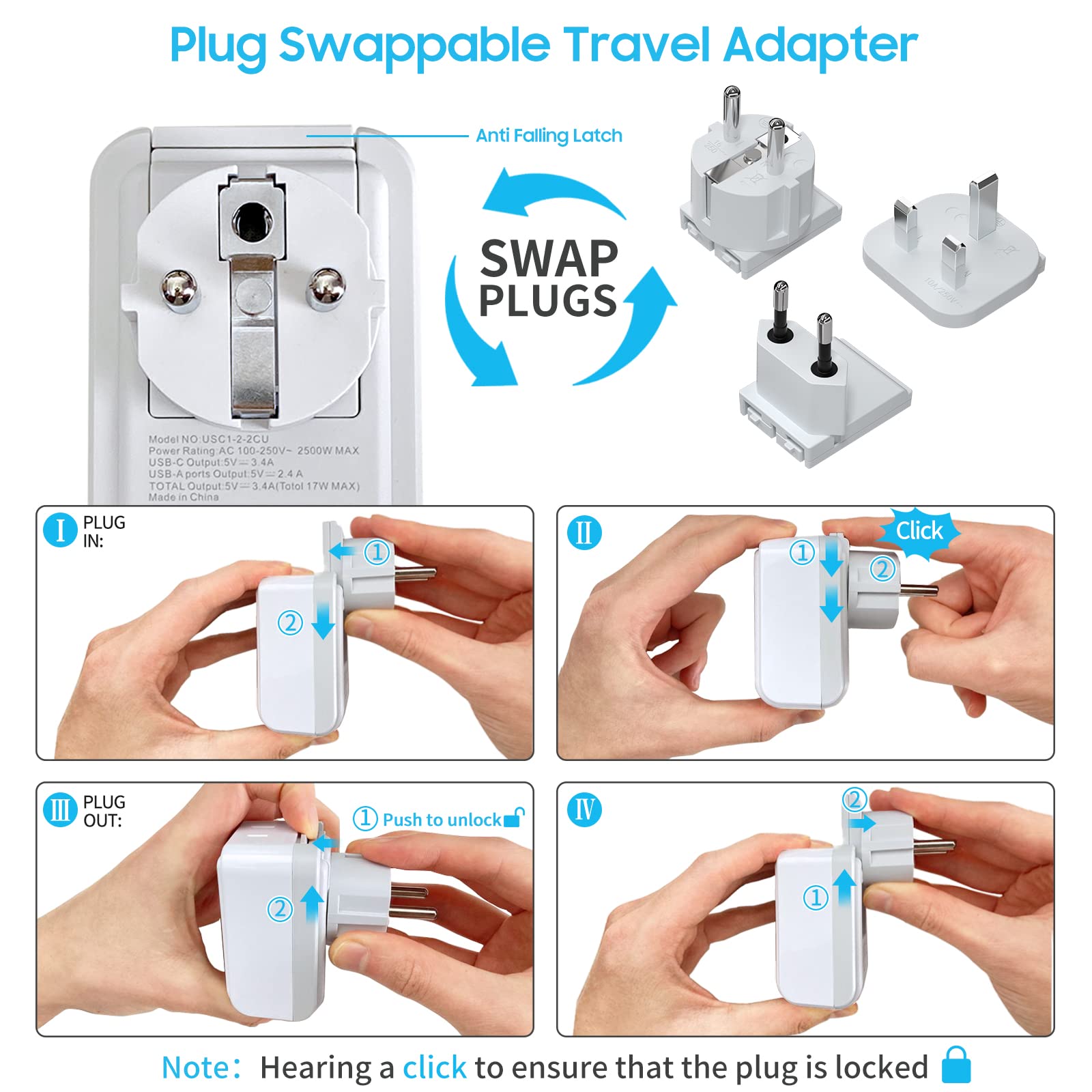 European Travel Plug Adapter Kit, Vintar International Plug Adapter With 3 Usb Ports (2 Usb C,3.4A) 2 American Outlets, Type C,G