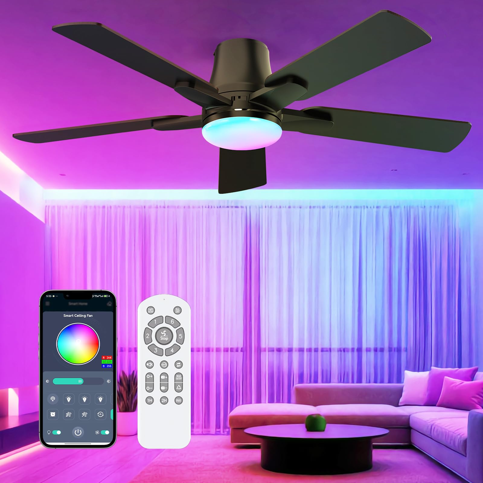 SAMPHON 42 RGB Ceiling Fans with Lights, Low Profile Ceiling Fan with Light, RGB+3CCT 6 Wind Speeds, App & Remote Control, Flush