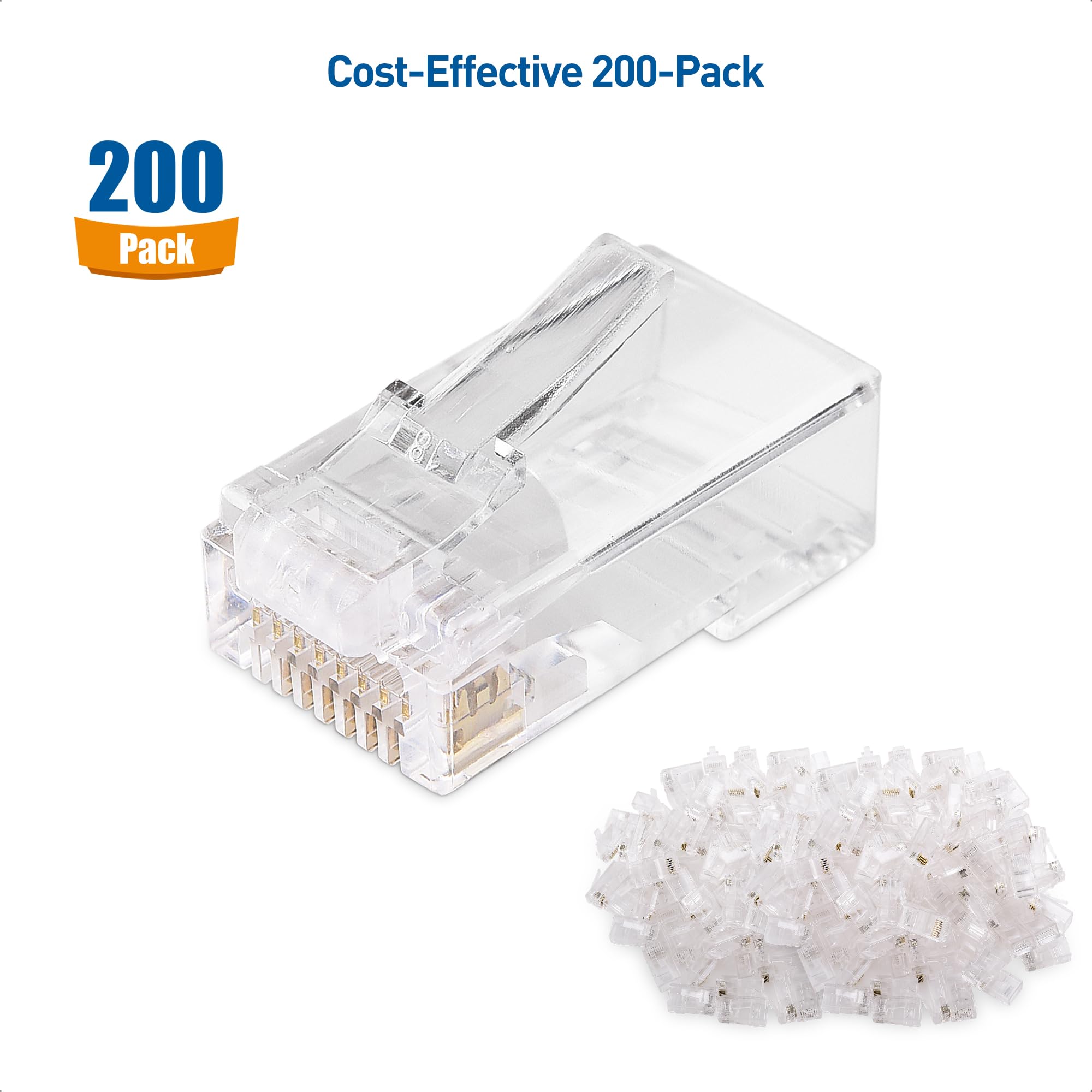 Cable Matters Cat 6 Pass Through RJ45 Connectors, 200-Pack, Transparent, Gold, Model 180097x200 for Solid or Stranded UTP Ethernet Cable
