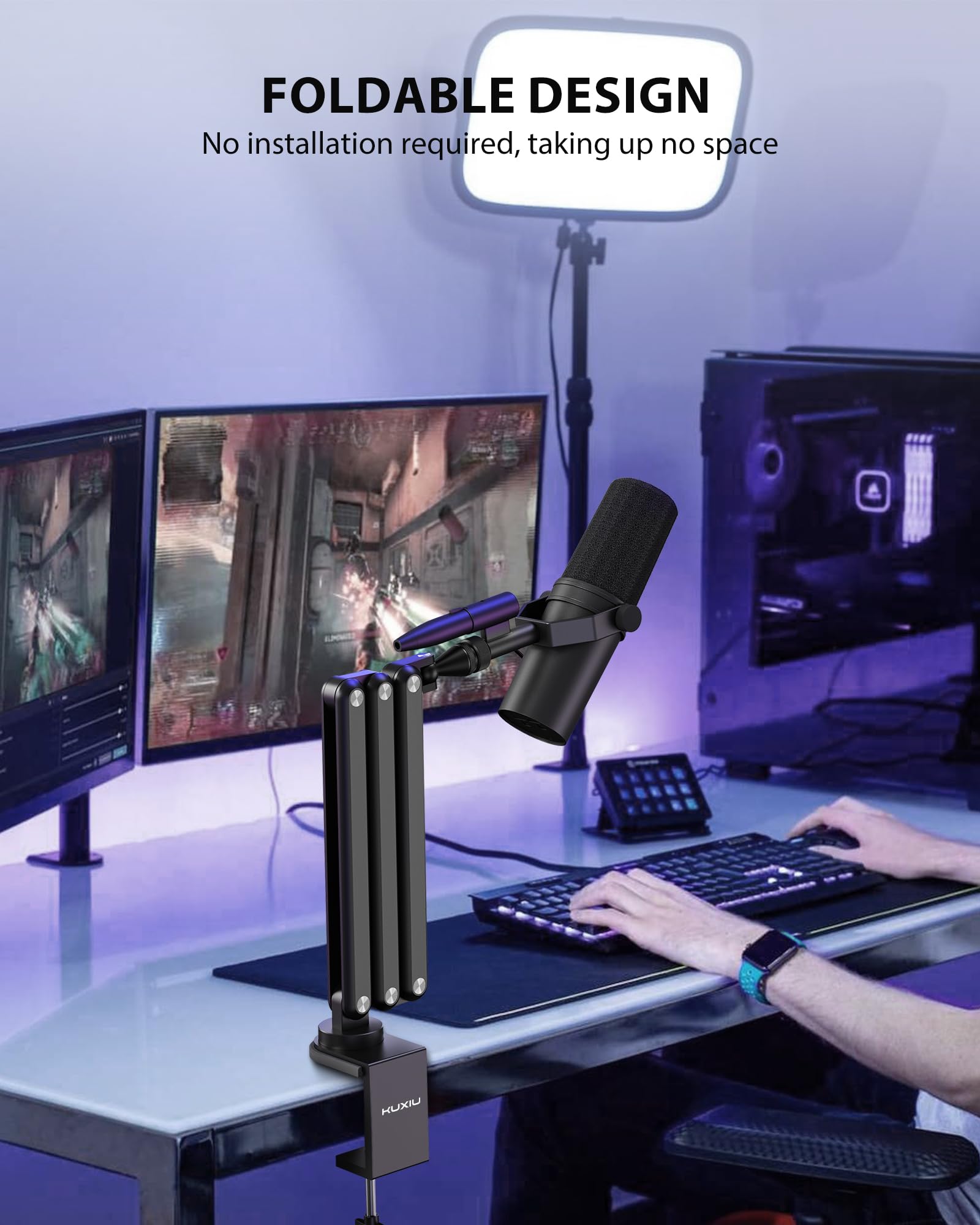 Ku Xiu Aluminum Alloy Boom Arm Microphone Stand For Desk, Three-Section Adjustable Mic Arm Mount With Cable Management Channels