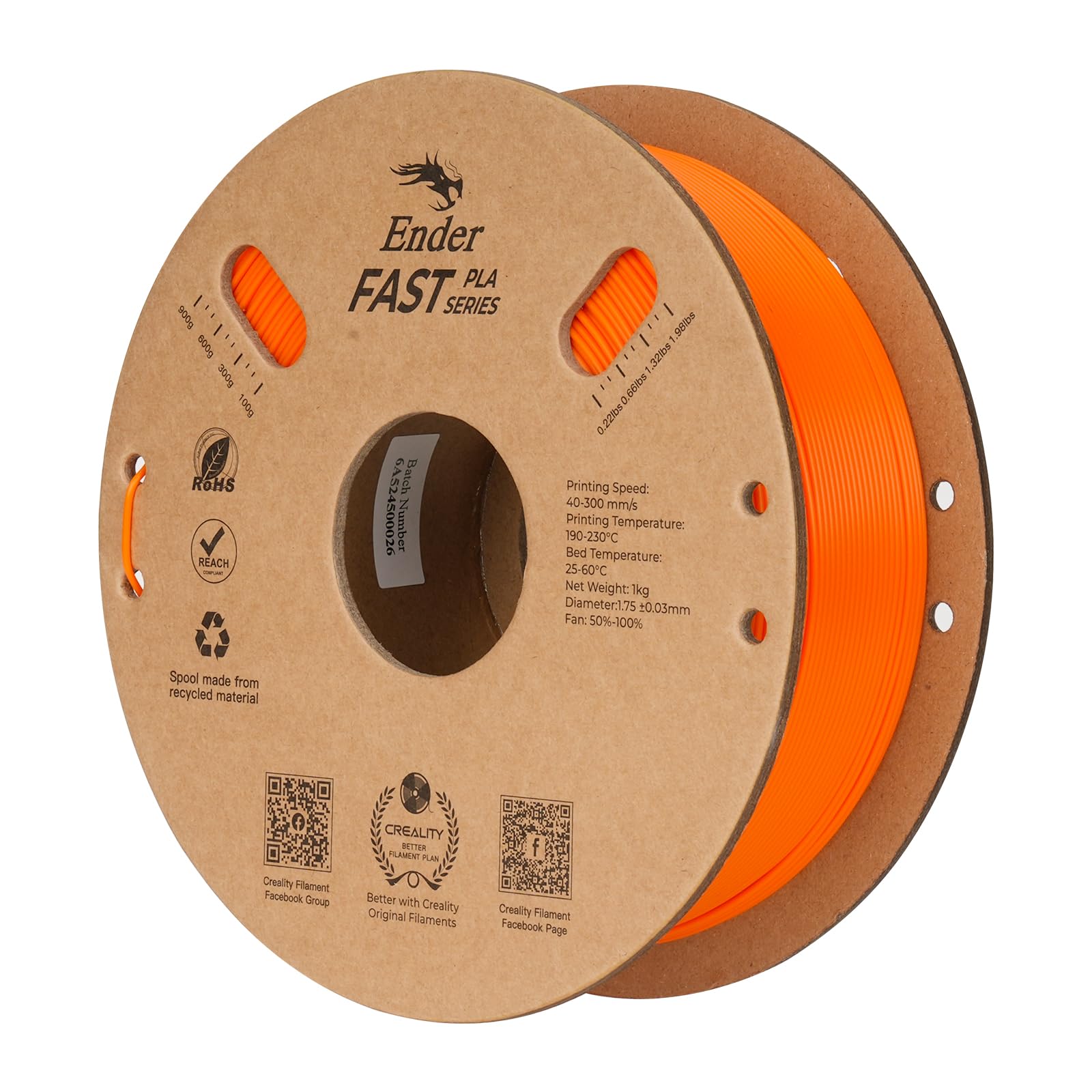 Creality High Speed PLA Filament 1.75mm, 3D Printer Filament for 300mm/s 3D Printing, Rapid PLA Dimensional Accuracy +/- 0.02 mm