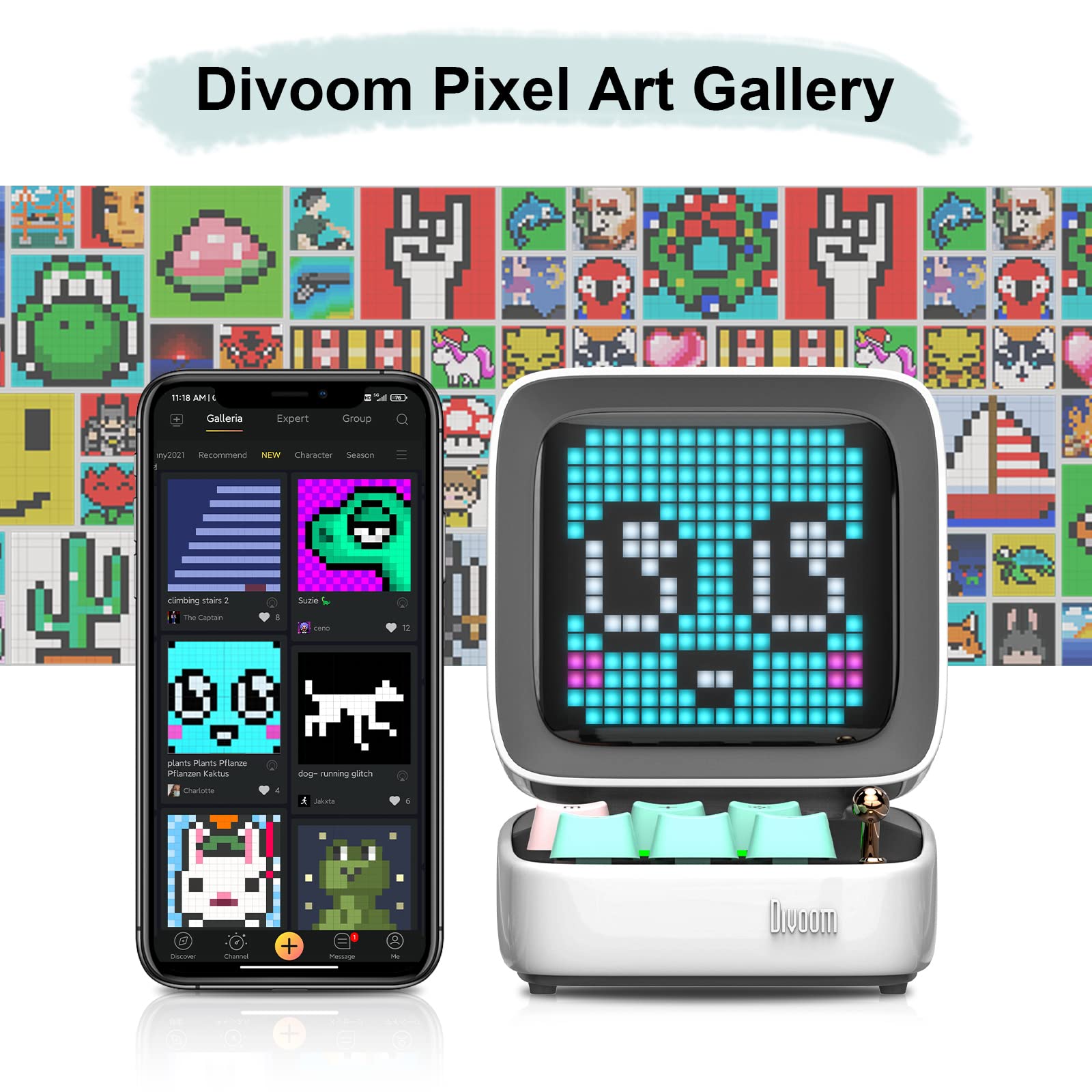 Divoom Ditoo Pixel Art Gaming Portable Bluetooth Speaker With App Controlled 16X16 Led Front Panel, Also A Smart Alarm (White)