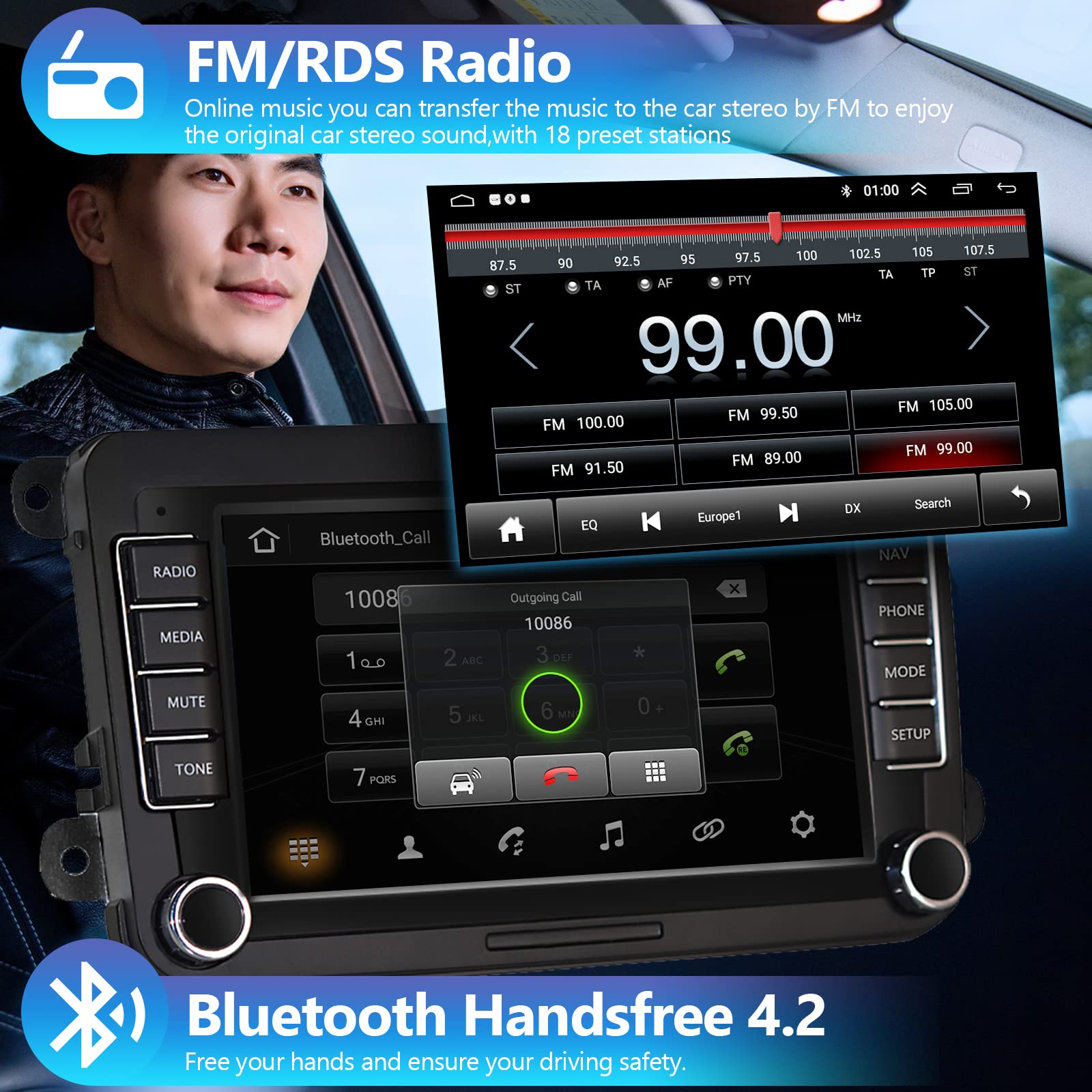 2+64G Android Car Stereo With Wireless Carplay/Android Auto For Vw Jetta Seat Passat Tiguan Cc Golf Skoda 7 Inch Touchscreen Headunit Gps Wifi Bluetooth Fm With Backup Camera For Volkswagen