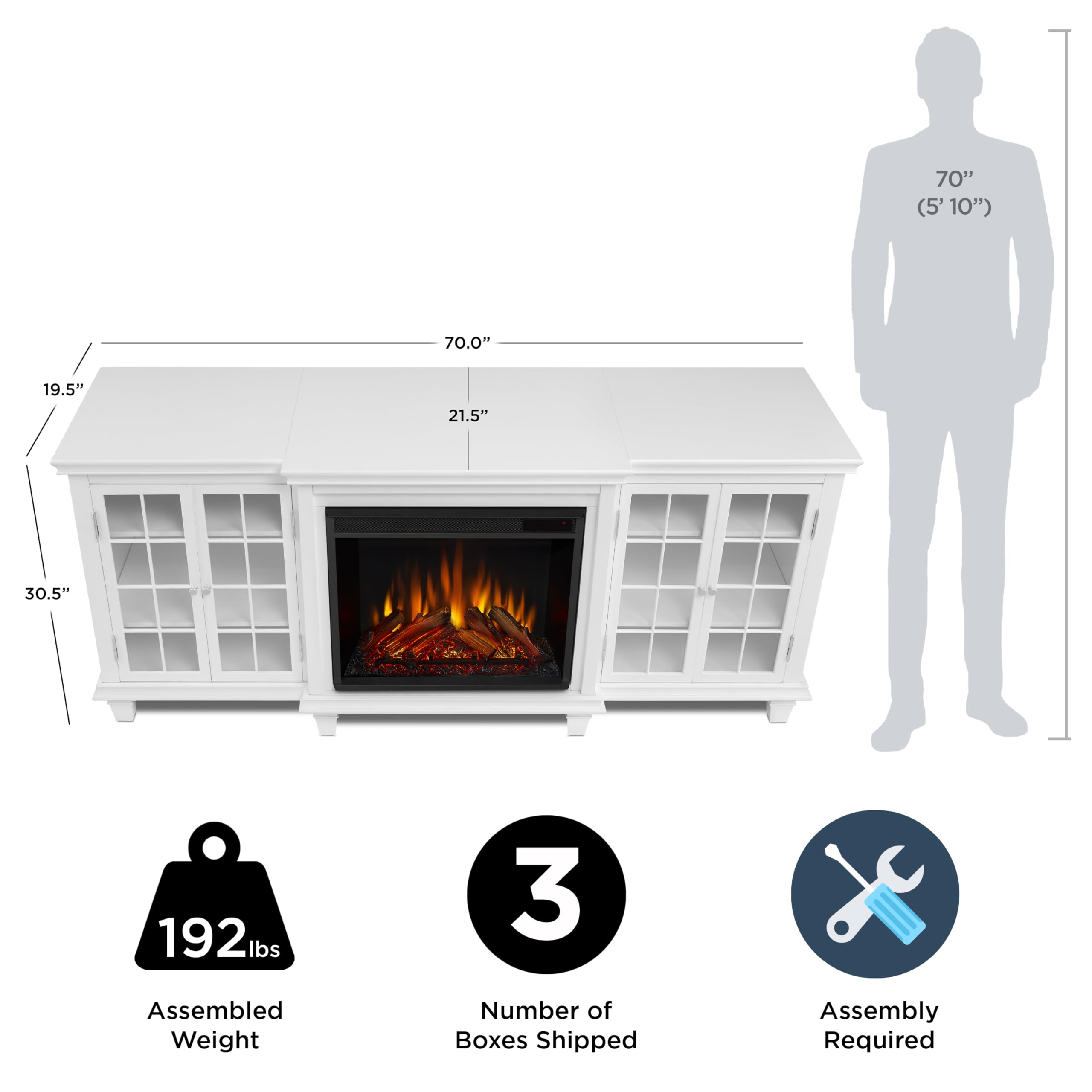 Real Flame Marlowe 70    Electric Fireplace Tv Stand For Tvs Up To 70 Inches, Entertainment Center With Adjustable Shelves And S